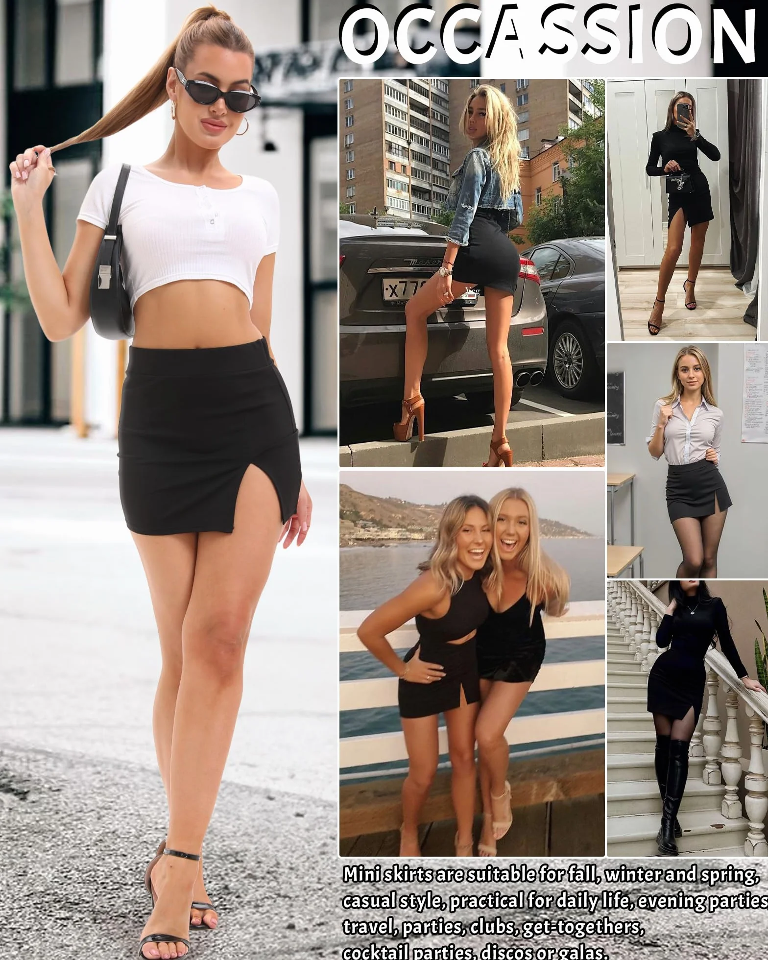 Damska mini spódnica ołówkowa z wysokim stanem rozcięcie czarna bodycon