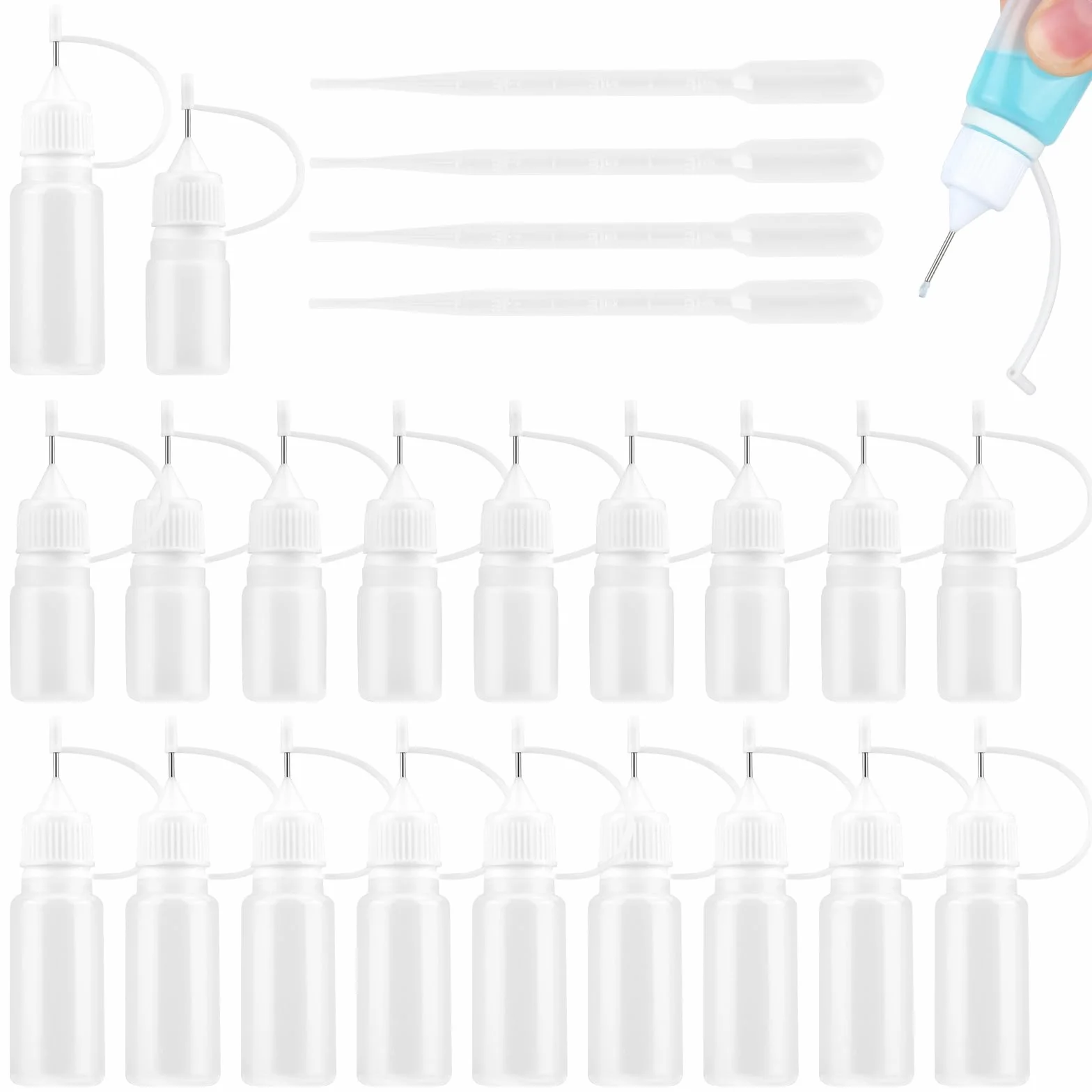 20 sztuk butelek z igłami, 5 ml/10 ml, małe butelki dozujące z końcówką igły, butelka z klejem, aplikator, butelka z 4 pipetami do kleju, smarów, pigmentów