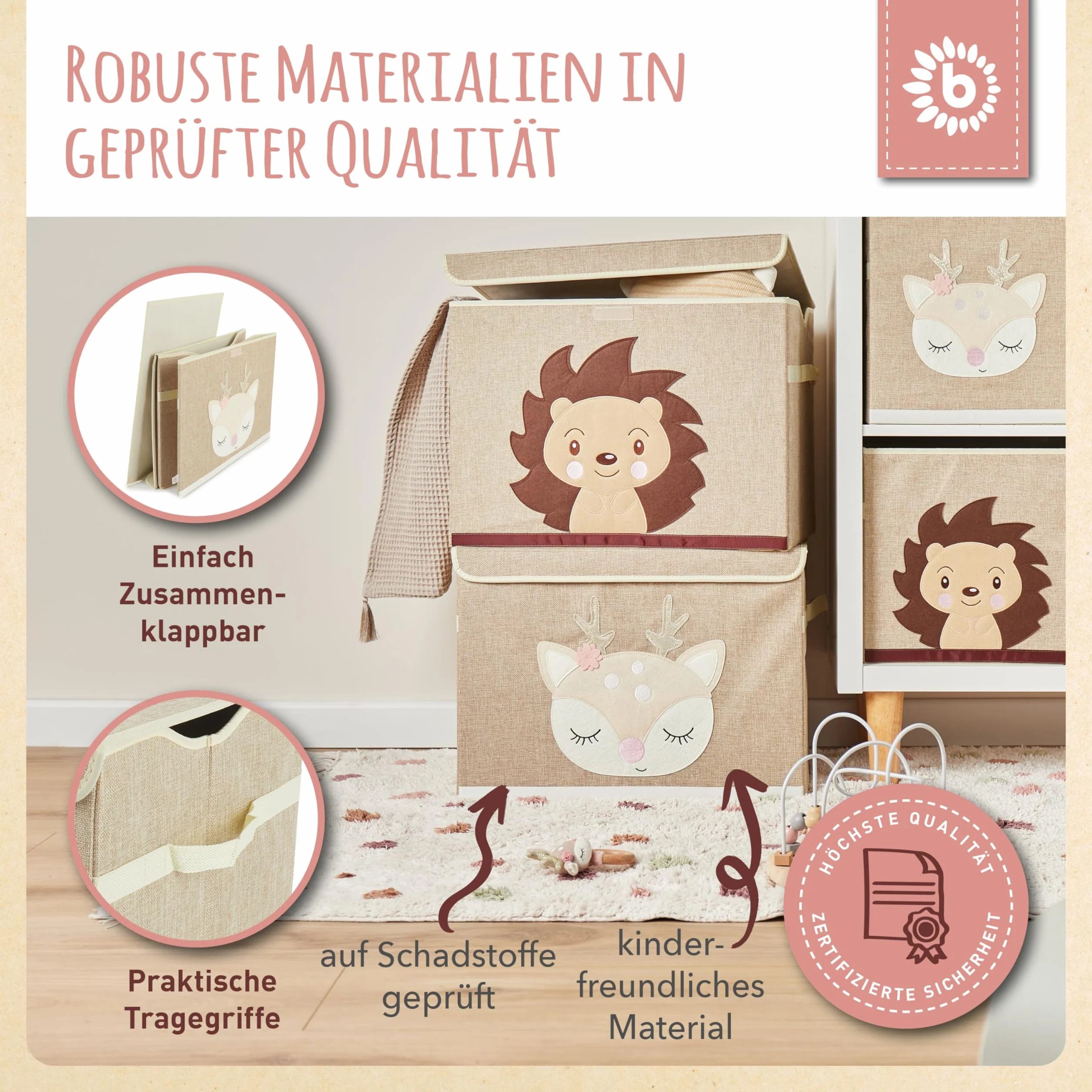 Bieco Składane pudełko z pokrywką | 65 litrów | ok. 36 x 36 x 51 cm | skrzynka na zabawki | dzieci | skrzynki | duże | organizer na stół do przewijania | jeleń Ella