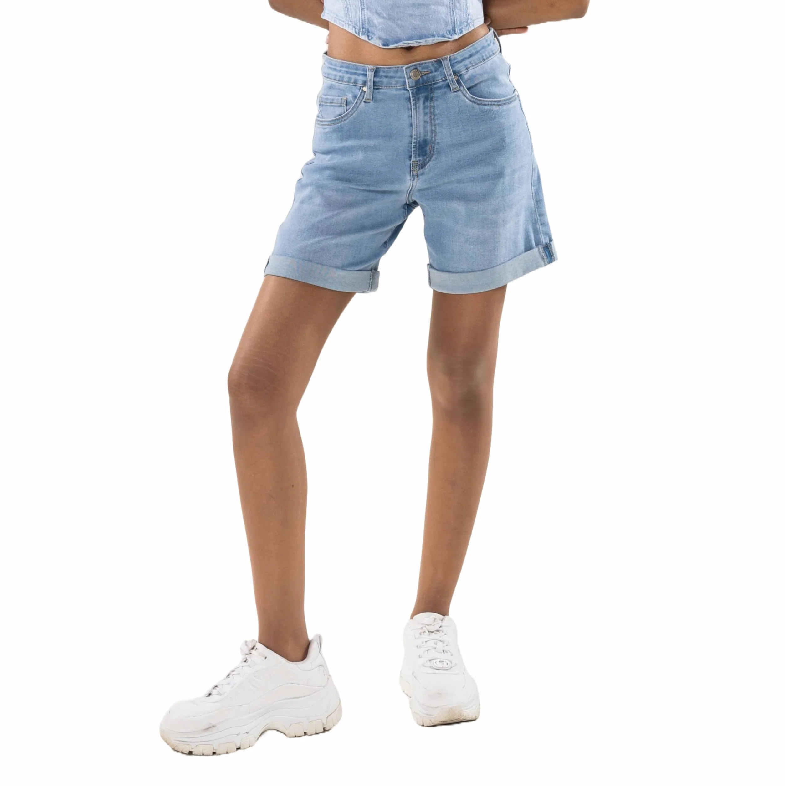 Nina Carter P208 damskie szorty jeansowe z wysokim stanem, styl used look, na uda, denim, letnie szorty