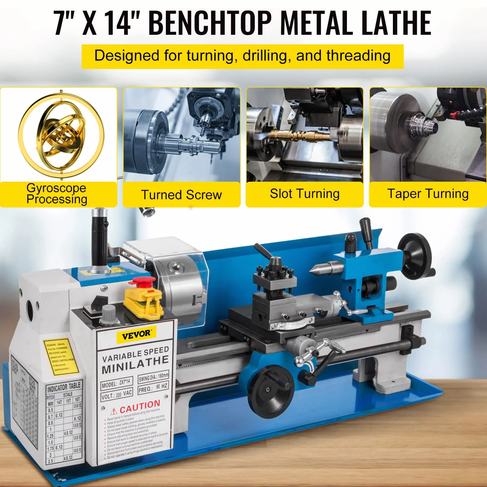 BestEquip Tokarka metalowa, 7 x 14 cali, 550 W, 350 mm, odległość środkowa, tokarka stołowa, 50-2500 obr./min, z gwintem metrycznym 0,5-2,5 mm i 21 mm