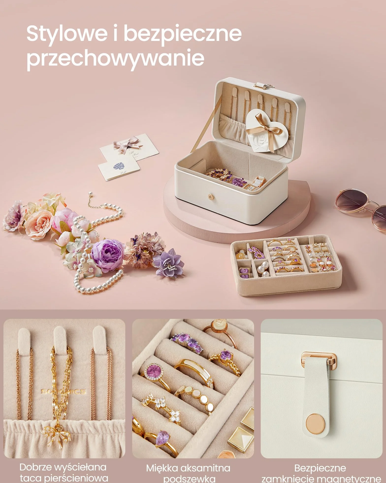 Songmics 2-warstwowe pudełko na biżuterię, 11 x 16 x 8 cm, podróżne pudełko na biżuterię, małe, przestronne, na większe akcesoria, pomysł na prezent, chmurkowy biały, JBC166W01
