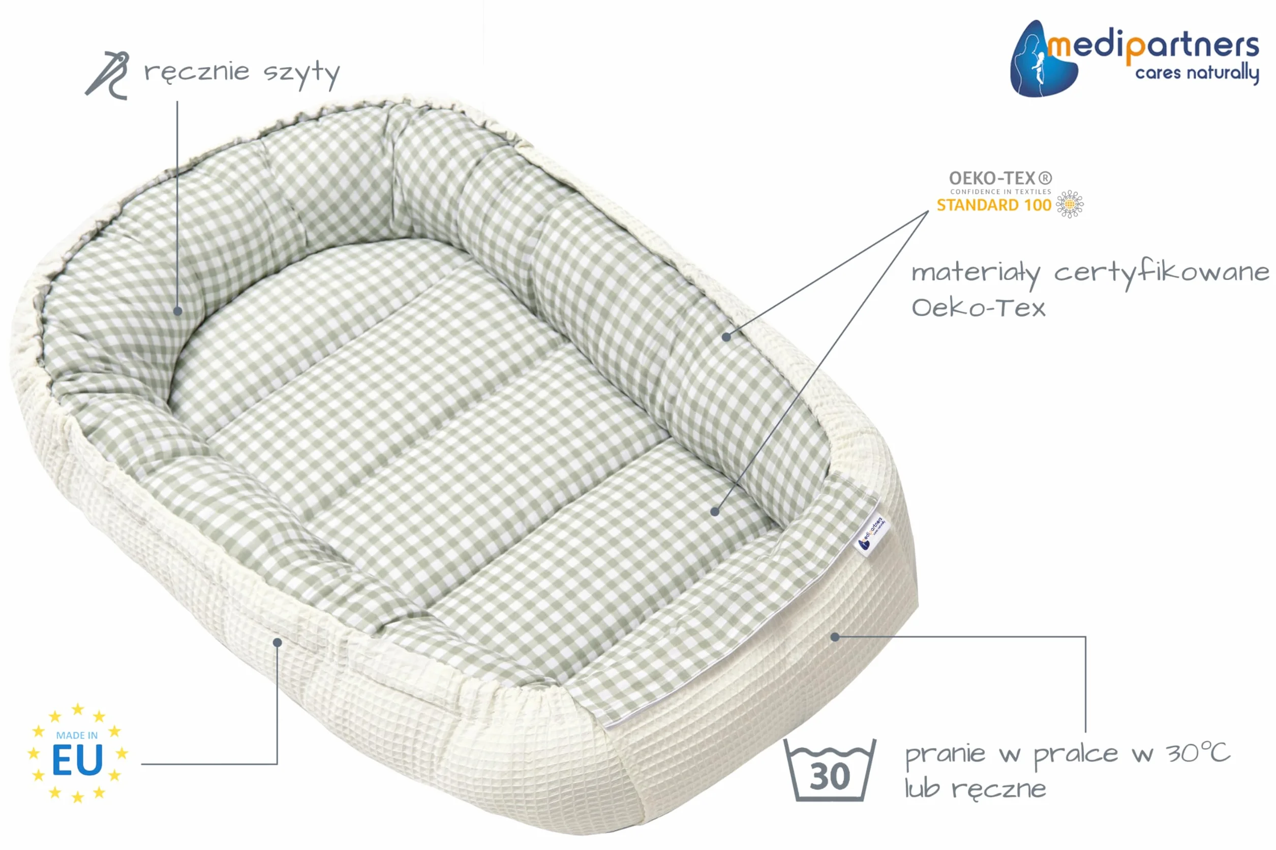 Dwustronny Kokon dla niemowląt 100% Bawełna Wafel 100x60x15cm Antyalergiczne wypełnienie Medi Partners Bezpieczne zapięcie (Kratka z oliwkowym Waflem)