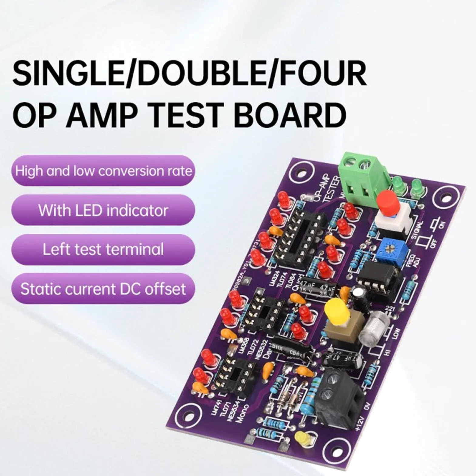 Moduł Testowy OP AMP Test Obwodu Wzmacniającego Płytka Testowa Wzmacniacza Operacyjnego dla Pojedynczego Podwójnego Quada DC12V T2 Tester