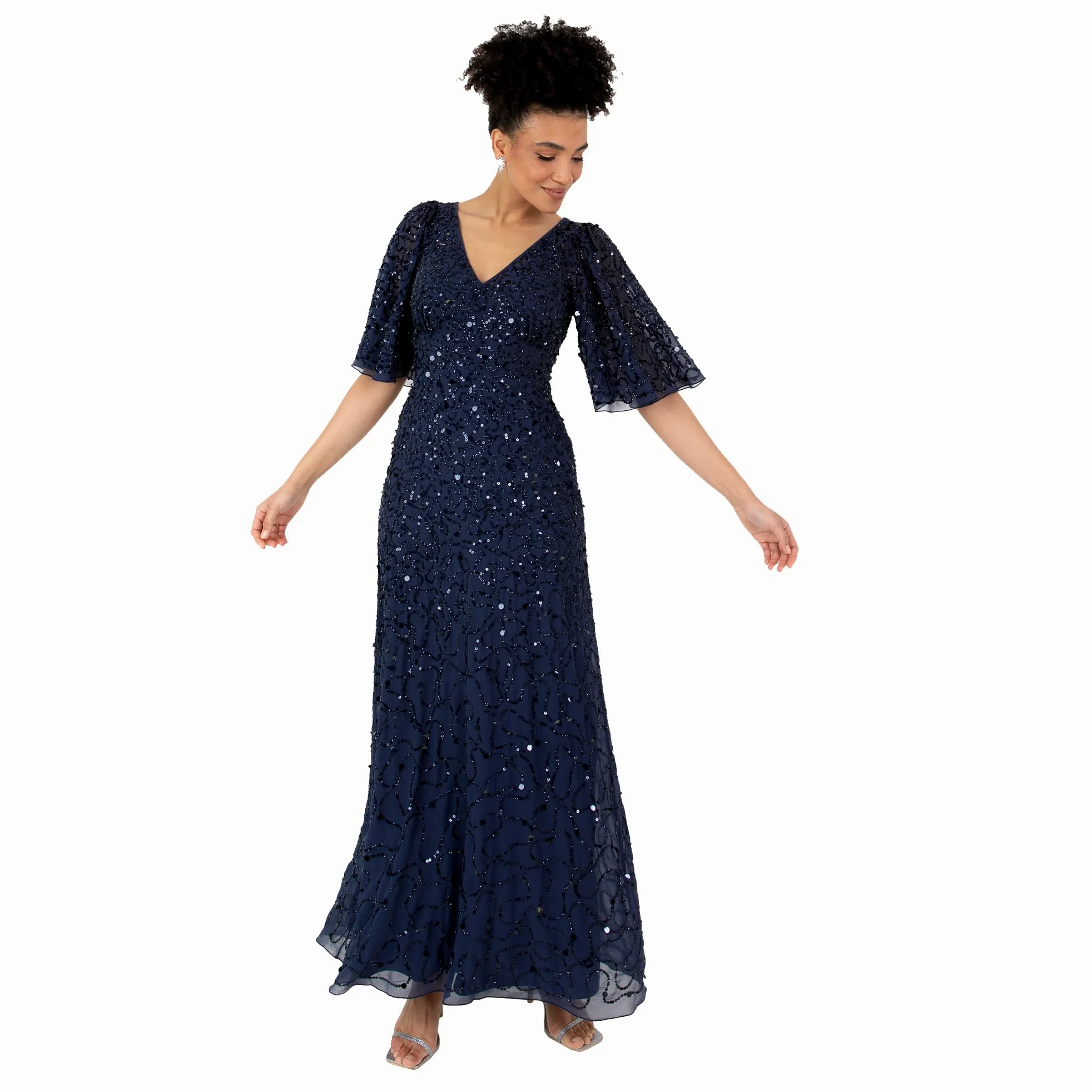 Maya Deluxe Damska sukienka maxi, dekolt w serek, krótka sukienka aniołowa, wybijana linia A Bridesmaid Wedding Guest Prom Ball Gown, granatowa, 44, granatowy, 44