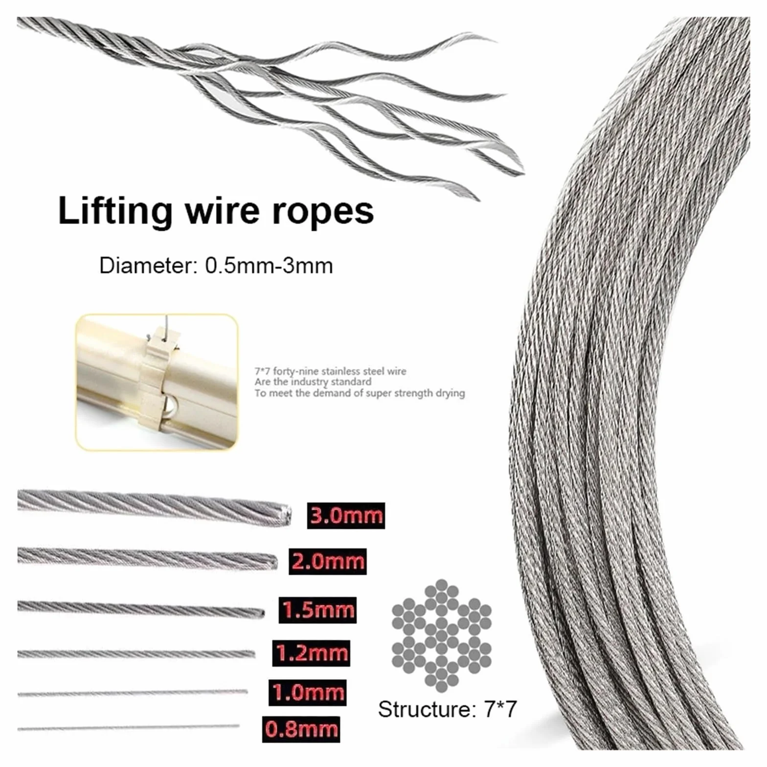 Stainless Steel Wire,Heavy Duty 10M/5M 0.5-3mm Diameter 7X7 Structure 304 Stainless Steel Wire Rope Thin Cable Softer Fishing Lifting Cable(0.5mmx10M)