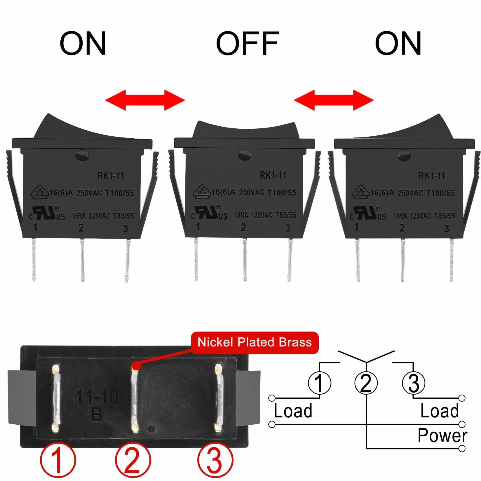 Heschen przełącznik kołyskowy ON-OFF-ON SPDT 3 zaciski 15 A 250 V AC czarny 5 szt.