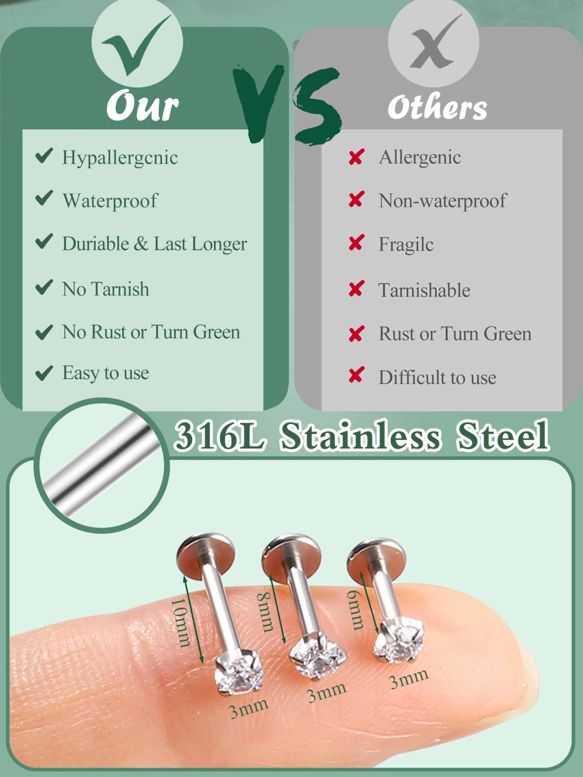 CASSIECA 20 szt. hipoalergiczne kolczyki ze stali nierdzewnej 16G, labret piercing z 3 mm CZ chrząstka, tragus, helix, Monroe, biżuteria, 6 mm, 8 mm, 10 mm, Stal nierdzewna