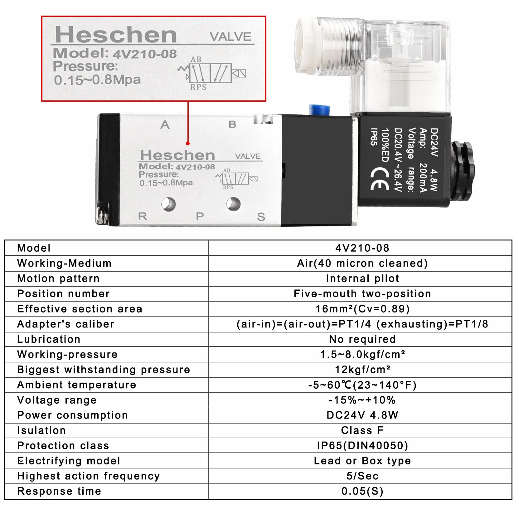 Heschen elektryczny pneumatyczny zawór elektromagnetyczny 4V210-08 DC 24 V PT 1/4 5-drożny 2 pozycje