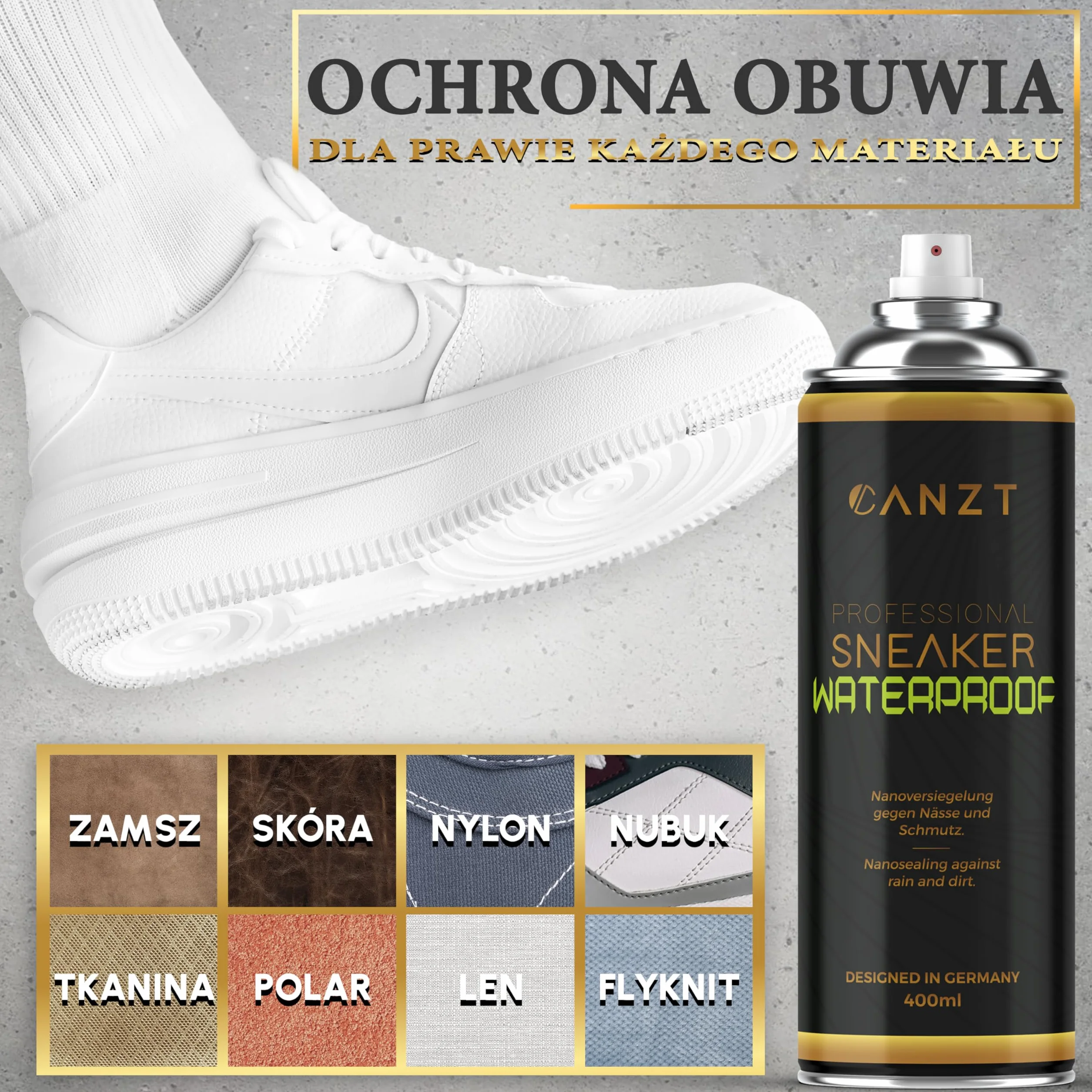 Canzt Impregnat do Butów 400 ml – Spray Ochronny do Skóry, Zamszu, Nubuku i Tkanin – Wodoodporny i Oddychający Preparat do Sneakersów i Obuwia Outdoorowego