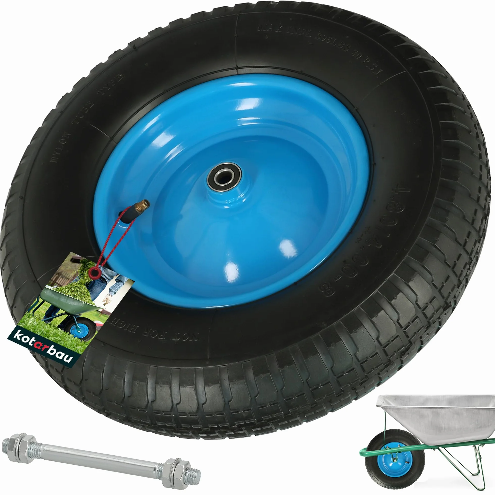 KOTARBAU® Koło do taczki z osią, płaszcz 4.80 4.00-8, koła do taczki, opony 4,80/4.00-8, koło do taczki 4.80/4.00-8, wzmocnione opony 6PR Ø 390 mm