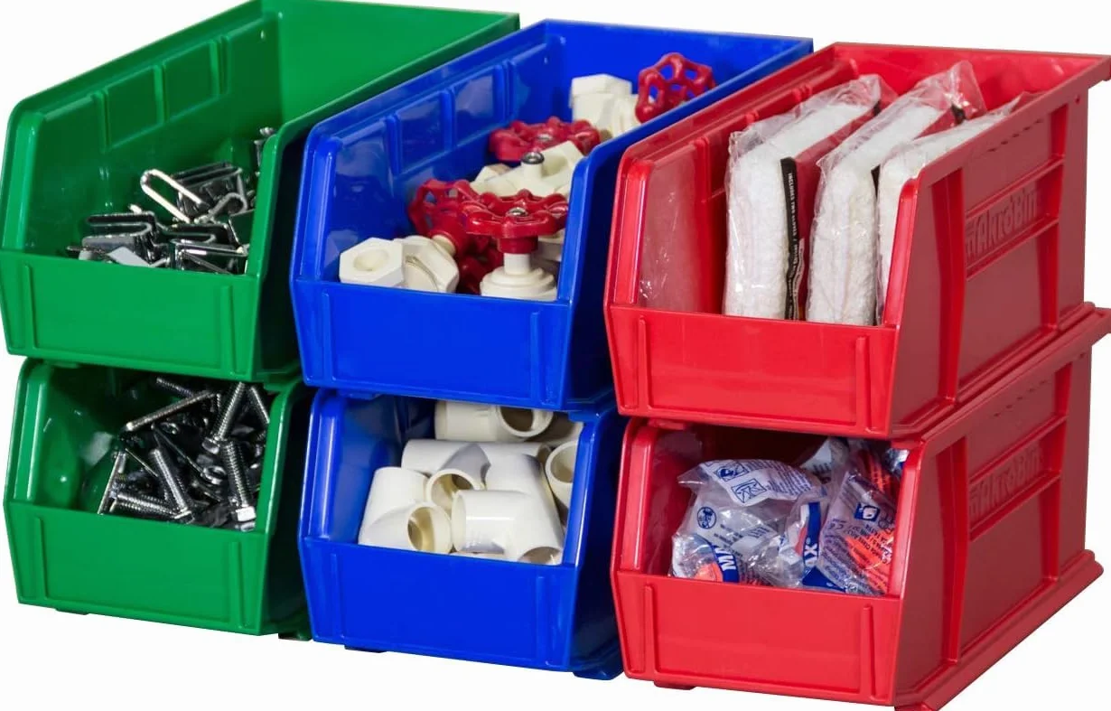Akro-Mils 30230 AkroBins Plastic Storage Bins, Space-Saving Stackable Bins for Garage, Pantry, Craft Organization, 11-" x 5-" x 5-", Red, 12-Pack