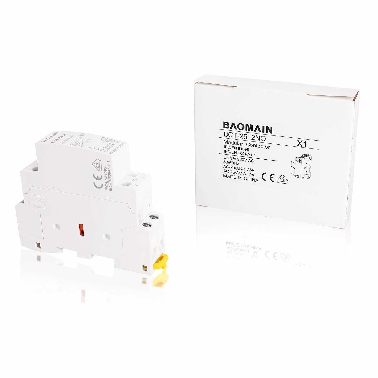 BAOMAIN Stycznik AC, 2-biegunowy 2NO, 25 A, AC 220 V Napięcie cewki, 35 mm Montaż na szynie DIN, zatwierdzony VDE, BCT-25/20