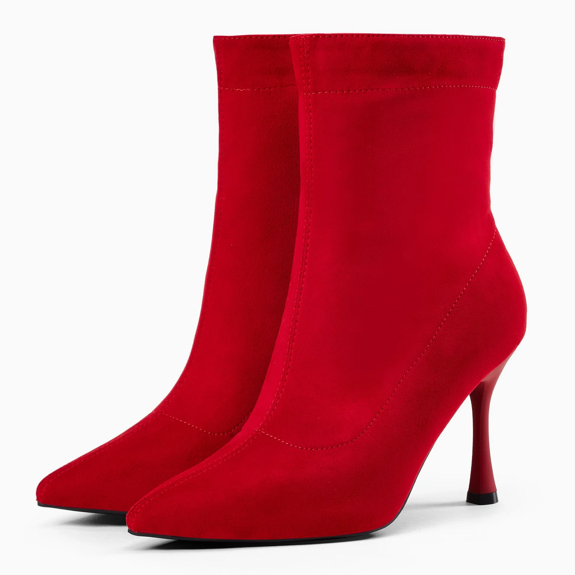 Damskie botki 9 cm szpiczasty nosek - średni obcas szpilki buty robocze dla kobiet modne krótkie buty czarne 8, Czerwony zamsz, 39 EU