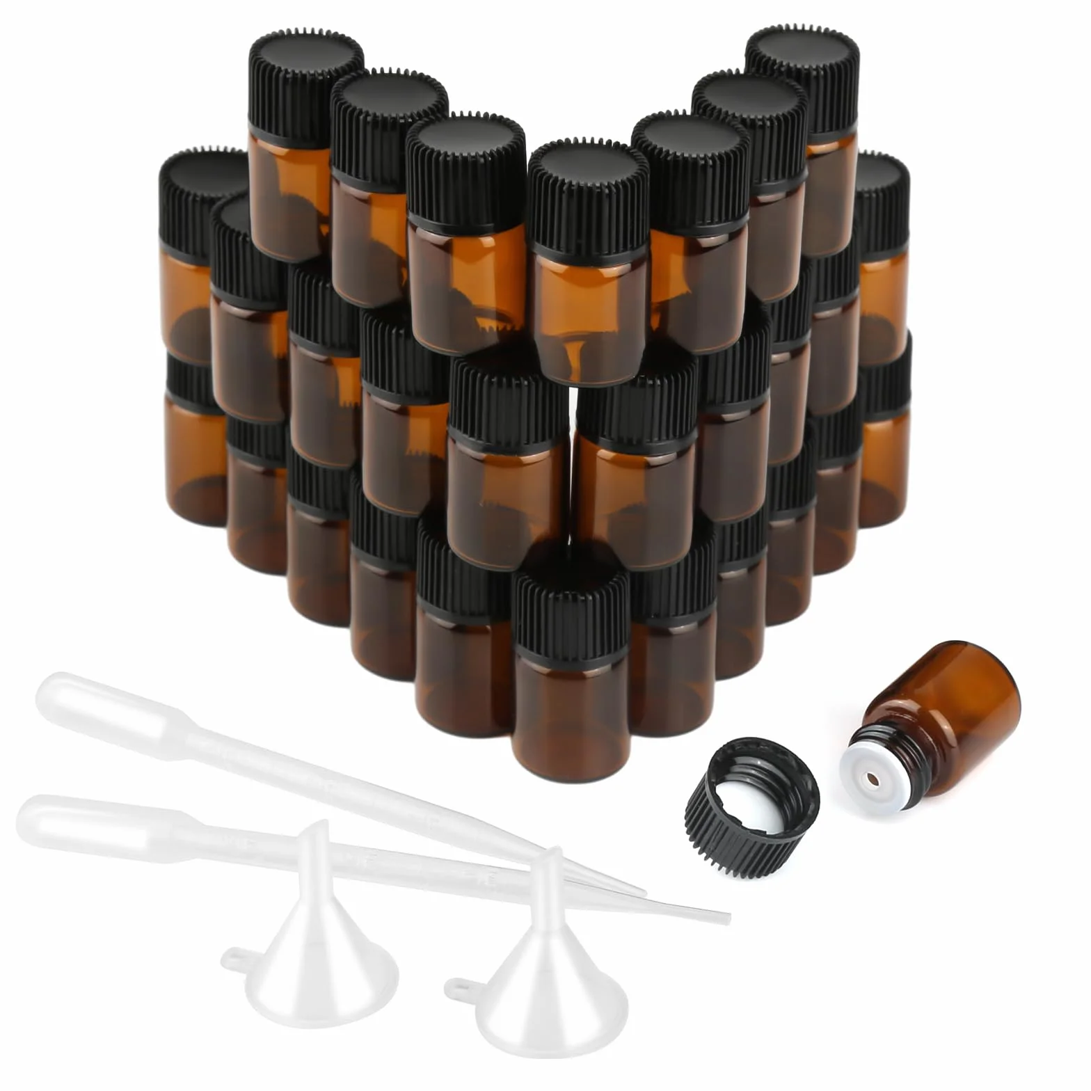 RVLZKCPG Mini butelki z kroplomierzem, 30 sztuk, szklane buteleczki na olejki eteryczne, 2 ml, z brązowego szkła, z reduktorem Orifice, mini butelki do napełniania lejkami