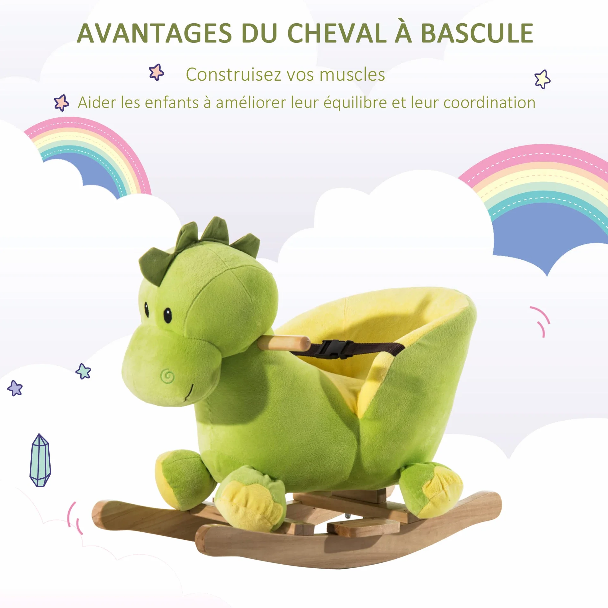 HOMCOM Zabawka bujana dinozaur pas bezpieczeństwa efekt dźwiękowy 32 piosenki Wood Plush Green