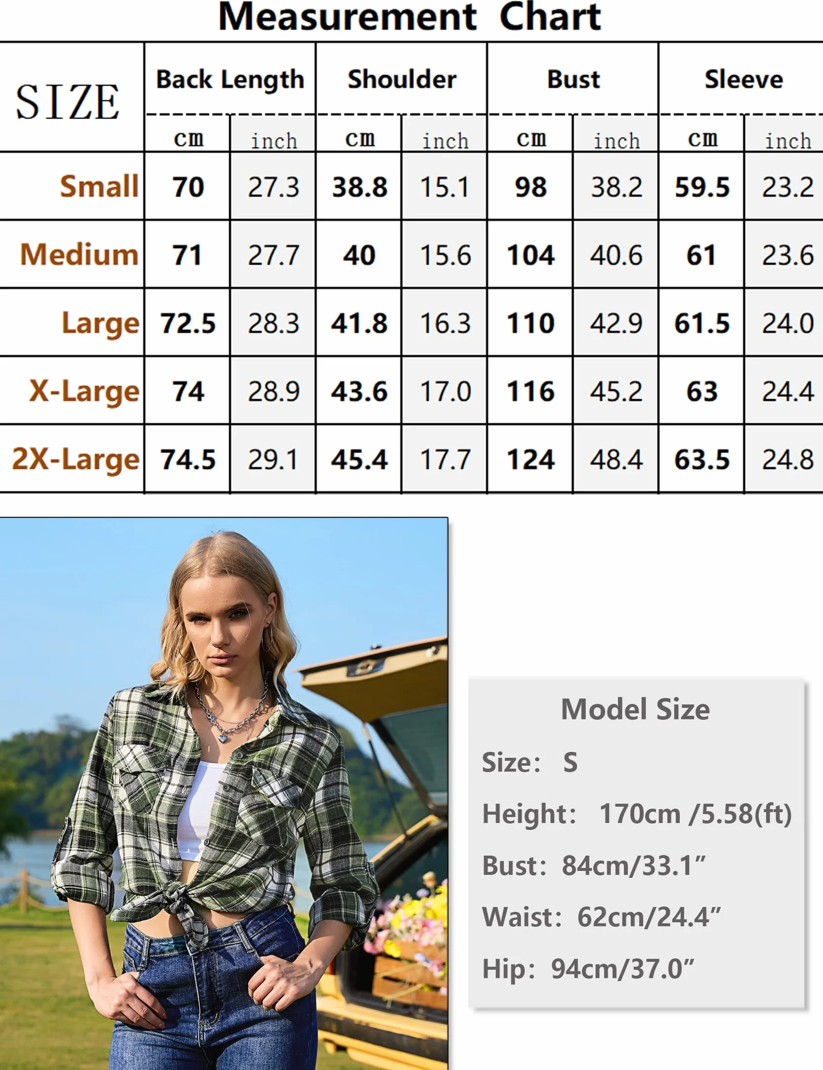 Aottori Damska bawełniana koszula w kratkę, z długim rękawem, zapinana na guziki, dekolt w serek, bluzka w kratkę, tunika, top, koszulka, t-shirt, na czas wolny, na lato