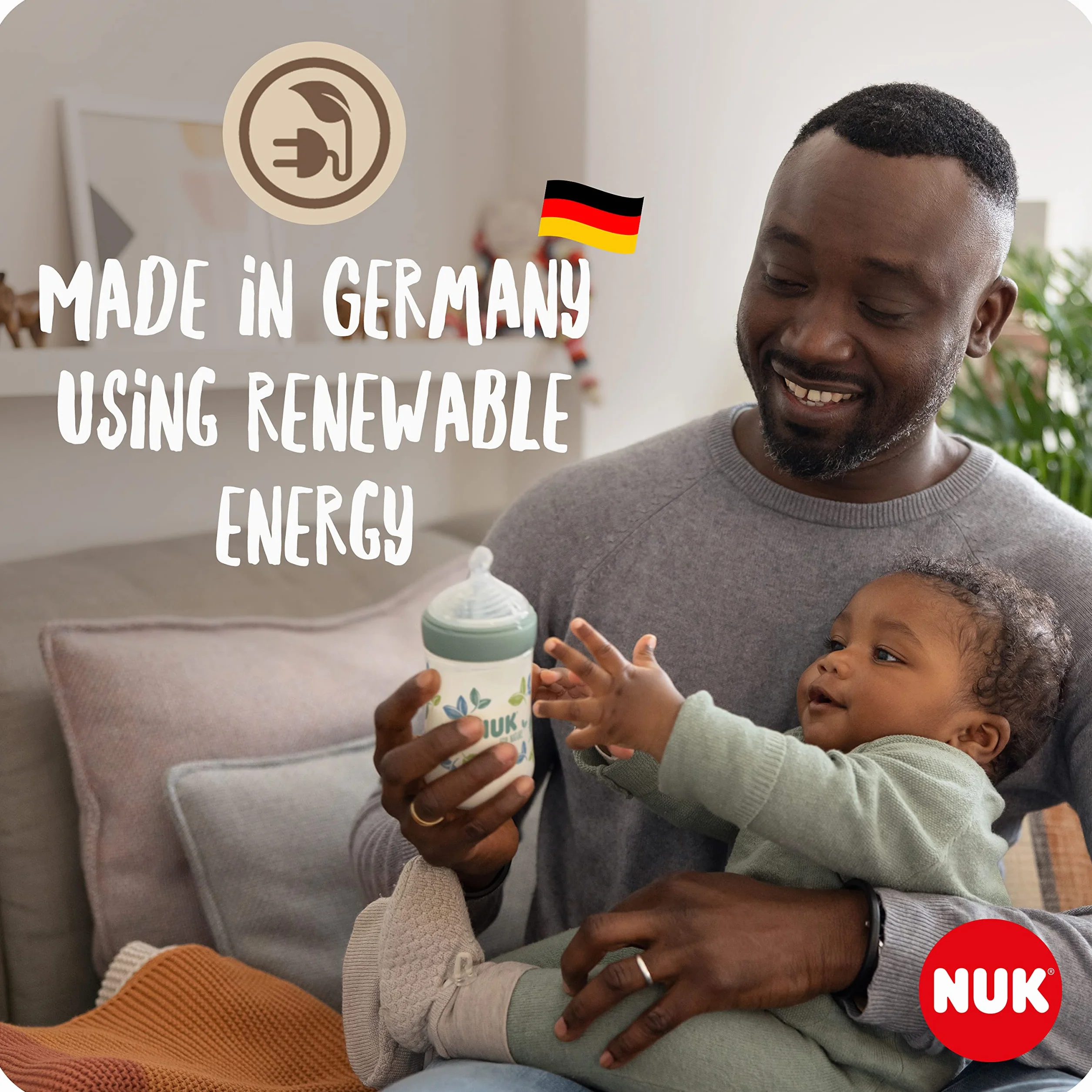 NUK for Nature Butelka dla niemowląt, średniej wielkości, 260 ml, trwały silikonowy smoczek z antykolkową wentylacją, regulacja temperatury, bez BPA, zielony