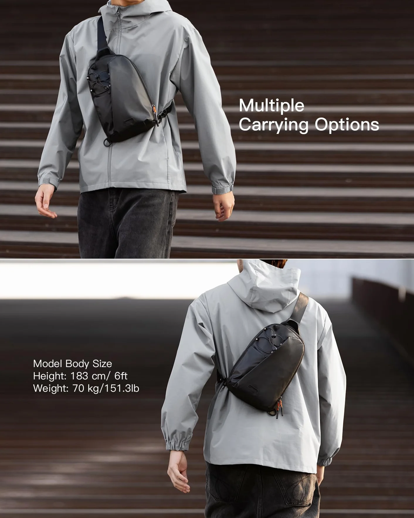 Inateck Sling Bag X-Row, lekka męska torba na ramię, odporna na zachlapanie wodą, torba na klatkę piersiową, na wędrówki, podróże, spacery, czarny, 18.5 x 7 x 28.5 cm, Minimalistyczny