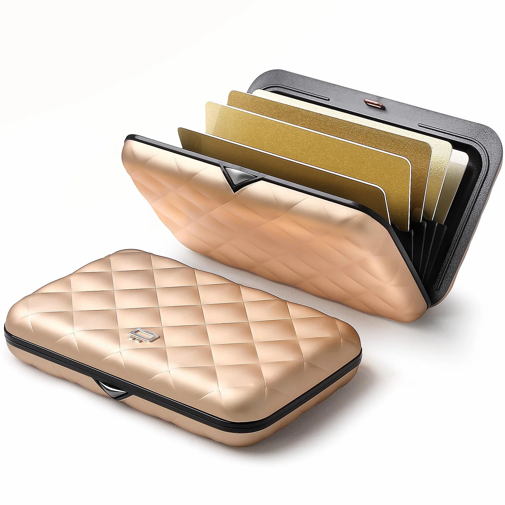 Ögon Inteligentne portfele - Aluminiowy portfel Quilted Button - Kobiety - Etui na karty blokujące RFID - Do 10 kart i banknotów (różowe złoto)