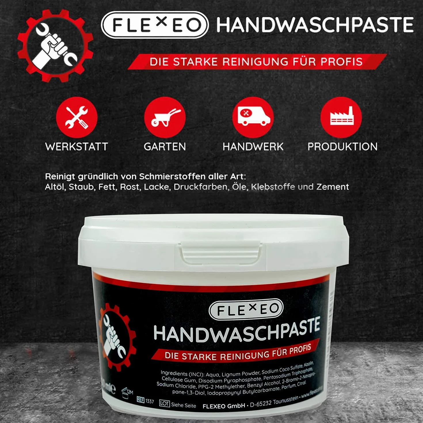 FLEXEO Pasta do mycia rąk 1 x – środek do czyszczenia rąk dla profesjonalistów przeciwko silnym zabrudzeniom, takim jak olej, tłuszcz, sadza – pasta do czyszczenia rąk w puszce 500 ml – pasta do mycia