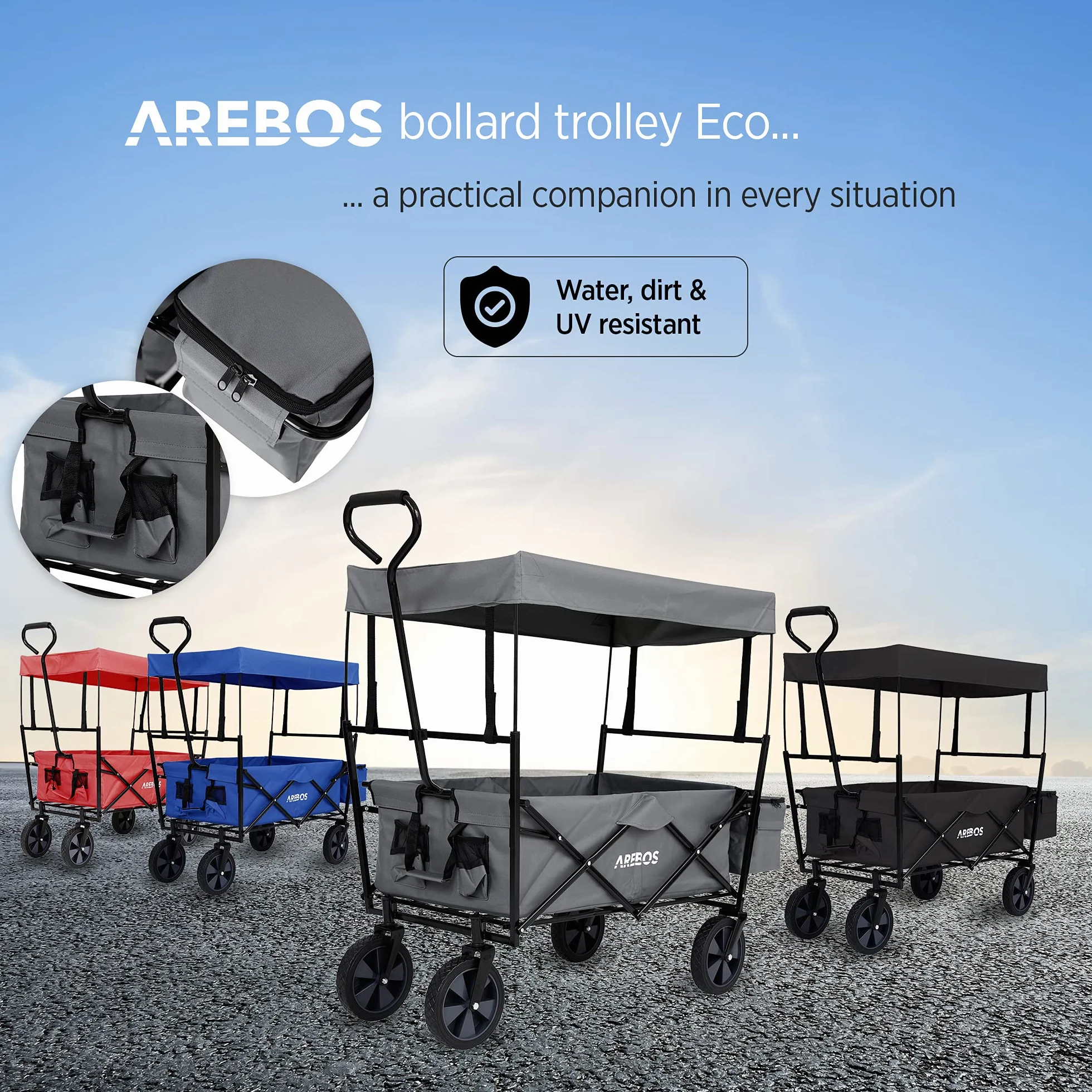 Arebos Wózek ręczny | Wózek transportowy | Wózek składany | Wózek narzędziowy z 2 kieszeniami siatkowymi i jedną kieszenią zewnętrzną | Składany | do 70 kg udźwigu | Opony z pełnej gumy 360°