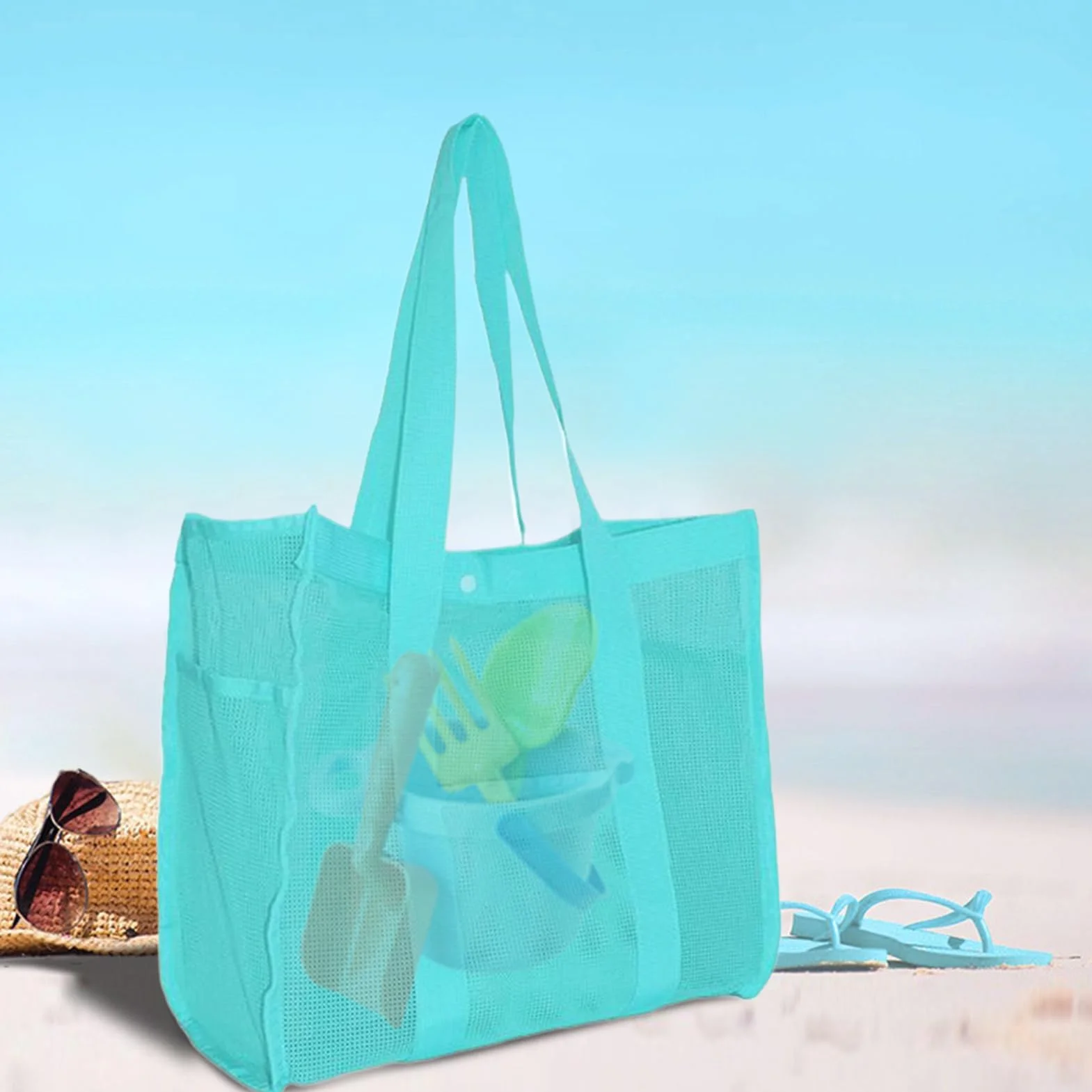 Siatkowa torba plażowa, duża, odporna na piasek, torba na zakupy, wielokrotnego użytku, organizer 36 x 33 x 7 cm, na zabawki, sprzęt pływacki, podróże, kemping, rejs, wakacje, rodzinę, kobiety, dzieci