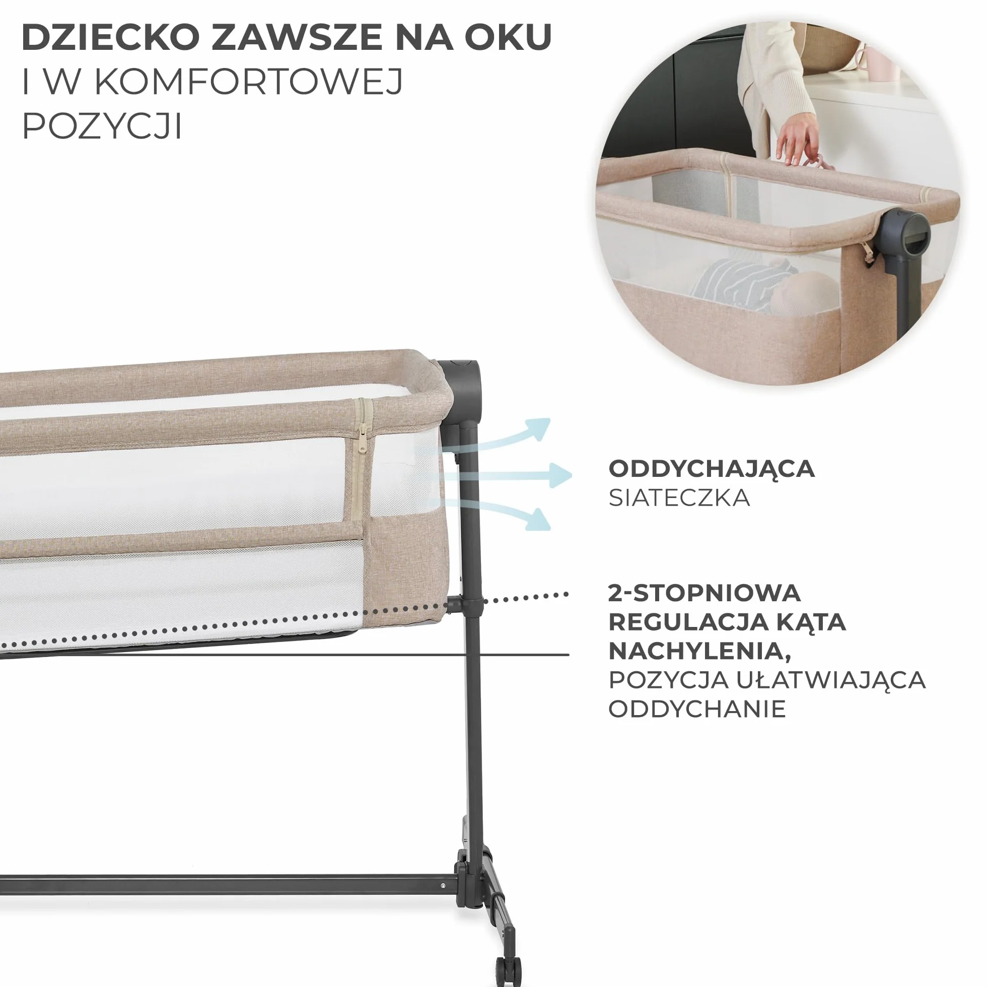 Kinderkraft NESTE UP2 Łóżeczko dostawne, Łóżko turystyczne dziecięce, Regulacja wysokości i kątu nachylenia, Materac i prześcieradło, Solidna konstrukcja, Opuszczana ściana boczna, do 9 kg, Beżowy