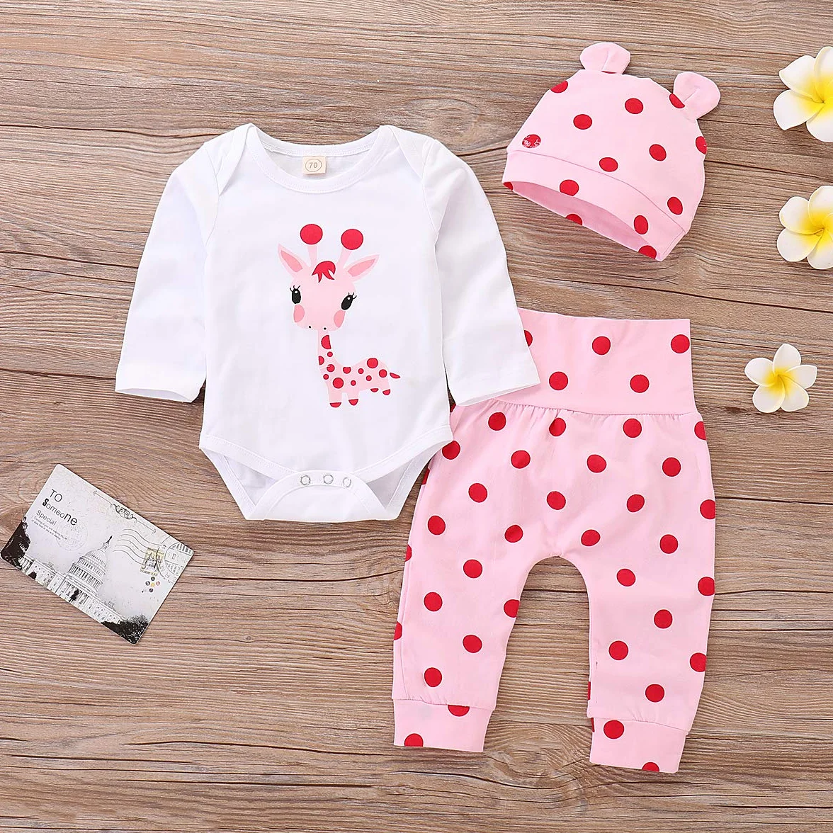 cute newborn baby girl ubrania żyrafa top + pudrowe spodnie w kropki + kapelusz zestaw odzieży dziennej