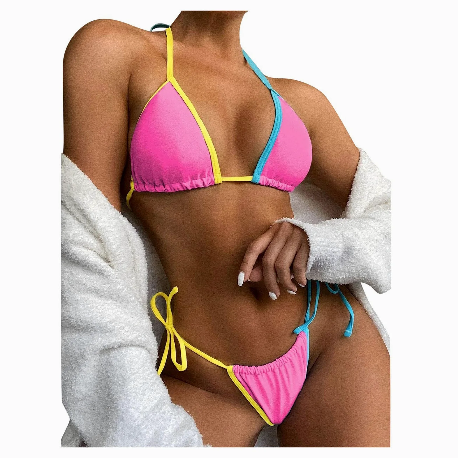 Patchworkowe stringi mikro bikini damskie seksowne bandażowe bikini Set Push Up wyściełane stroje kąpielowe strój kąpielowy z wysokim stanem (kolor: czarny, rozmiar: mały) (różowy S)
