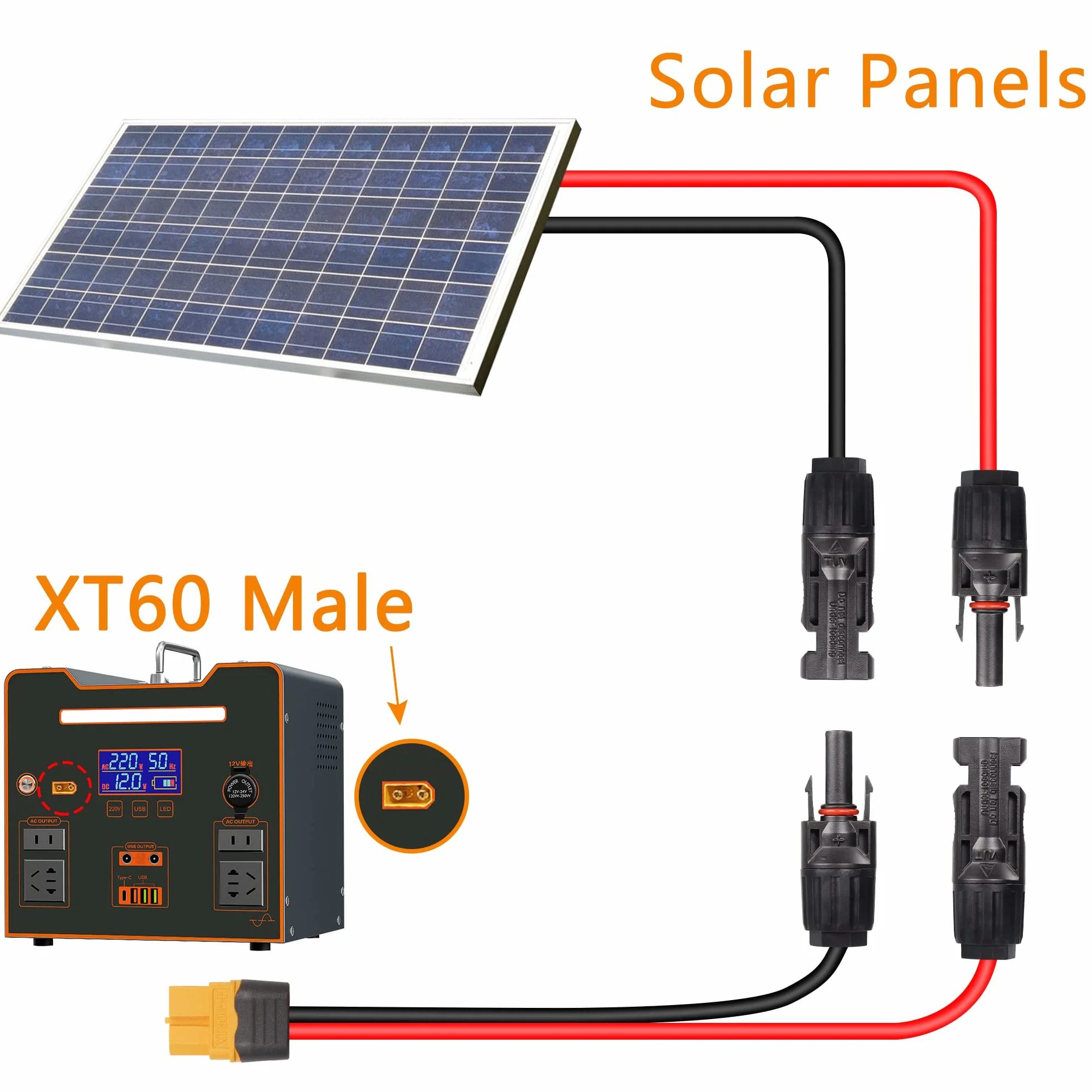 YAODHAOD Panel słoneczny, wtyczka do adaptera XT60, gniazdo 12AWG XT60, panel słoneczny, kabel zasilający do panelu słonecznego, wtyczka do ładowania solarnego do przenośnej energii i generatora solarnego