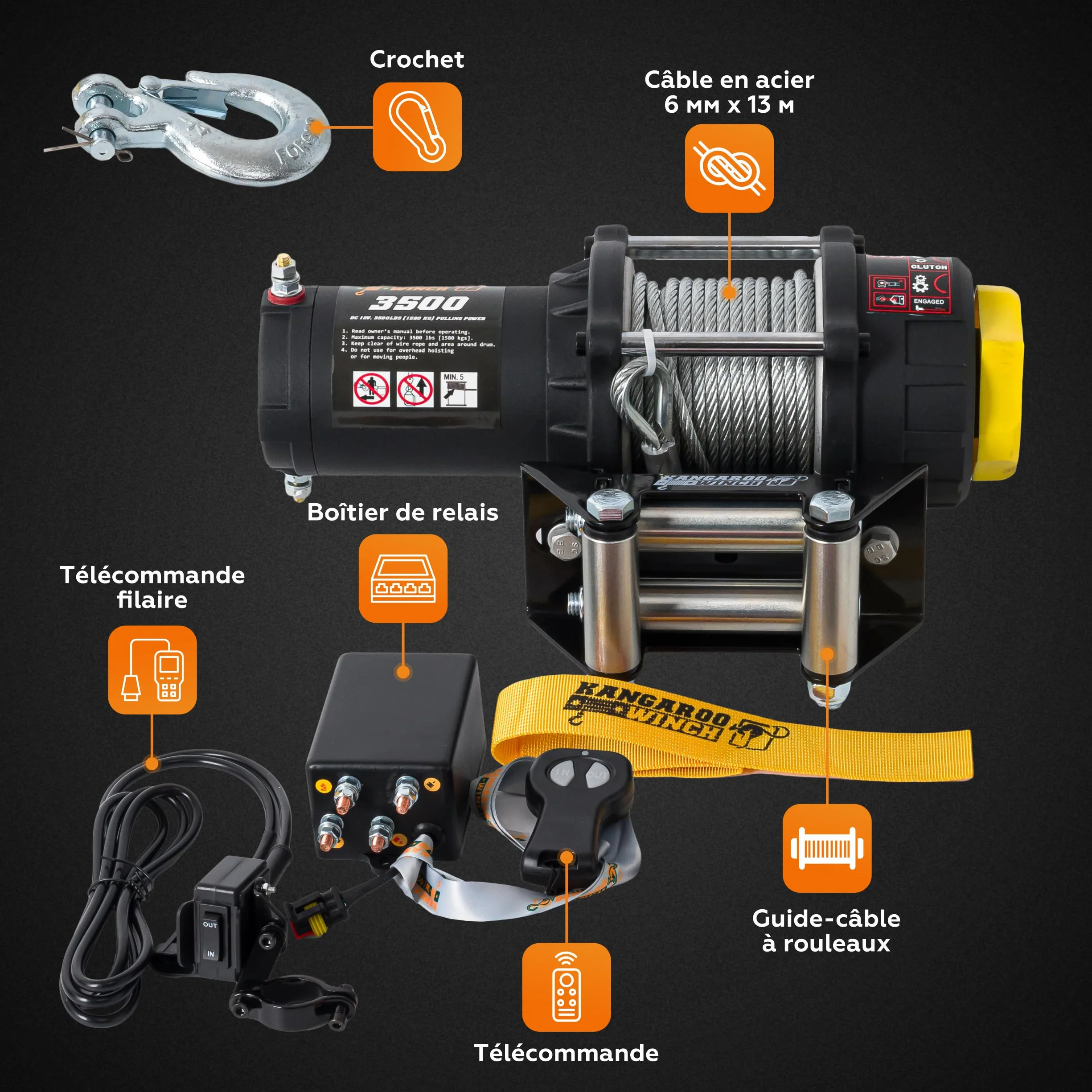 Elektryczna wciągarka linowa 12V - 3500 LBS / 1587 kg siła ciągnąca - Idealna do ATV, quadów i zastosowań offroad - Wytrzymała konstrukcja - W zestawie linka stalowa i pilot zdalnego