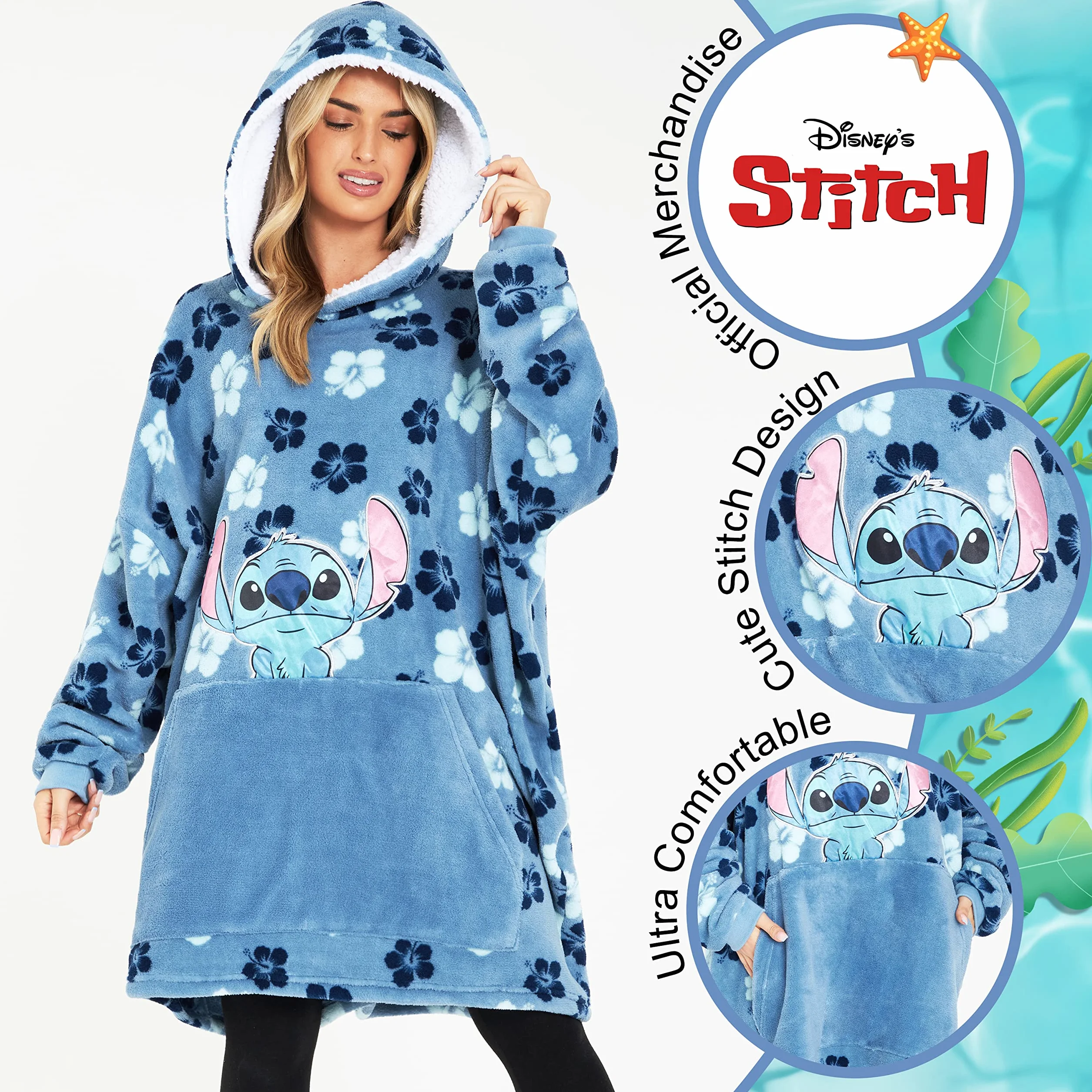 Disney Koc z kapturem, Bluza Sherpa Fleece Oversized Hoodie, Eeyore Stitch Prezenty