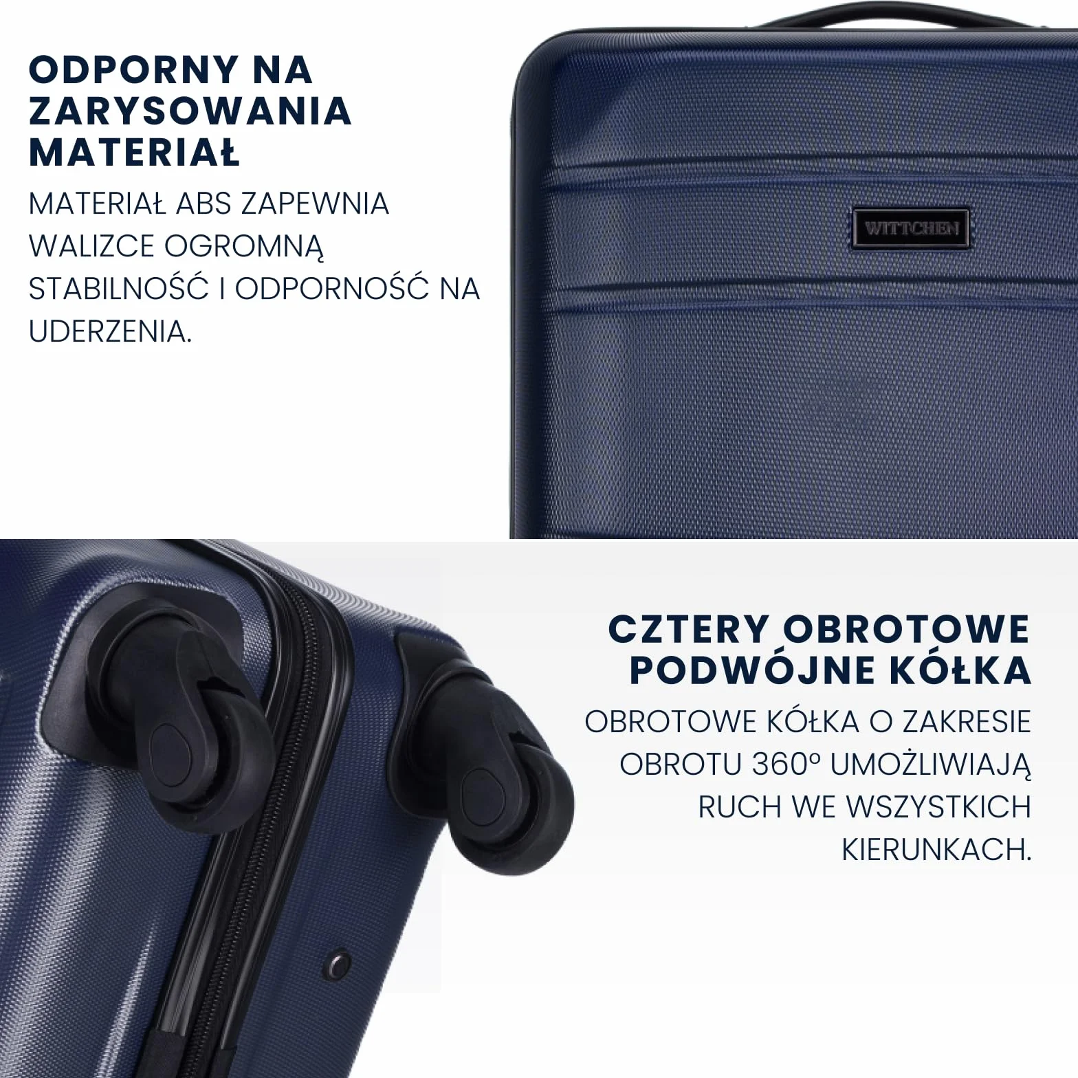 WITTCHEN Średni Wózek Walizka Podróżna z ABS - Twarda Skorupa, 4 Koła, Zamek Szyfrowy, Ciemnoniebieski 56-3A-652-90