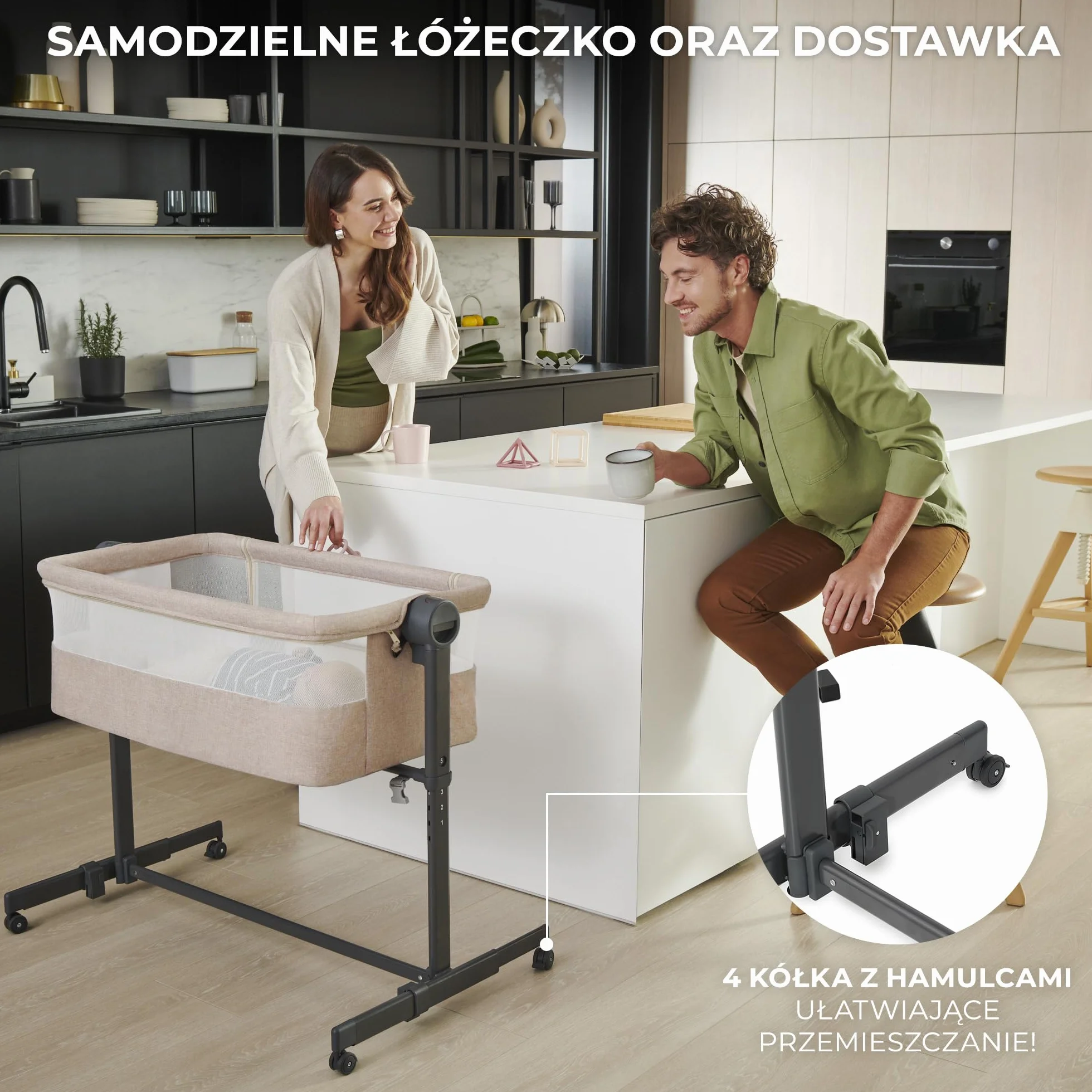 Kinderkraft NESTE UP2 Łóżeczko dostawne, Łóżko turystyczne dziecięce, Regulacja wysokości i kątu nachylenia, Materac i prześcieradło, Solidna konstrukcja, Opuszczana ściana boczna, do 9 kg, Beżowy