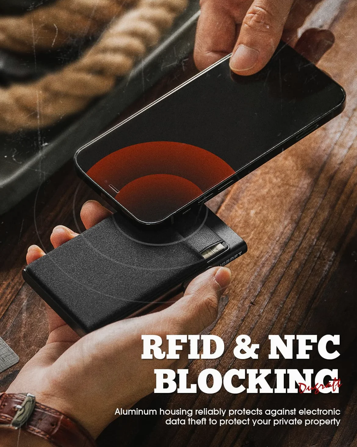DUGRAFT Portfel Męski z Mechanizmem Pop-Up i Kieszenią na Monety – Minimalistyczny, RFID-Blocking, Metalowy (Aluminium) – Na 5-7 Kart i Banknoty + Eleganckie Pudełko na Prezent, Czarny