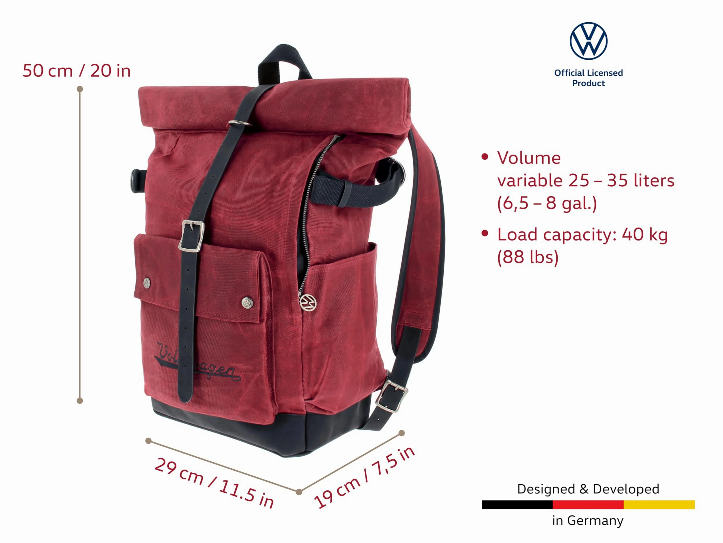 BRISA VW Collection – Rolltop Outdoor plecak podróżny, turystyczny, dla mężczyzn i kobiet, czerwony, 50 x 29 x 19 cm, vintage