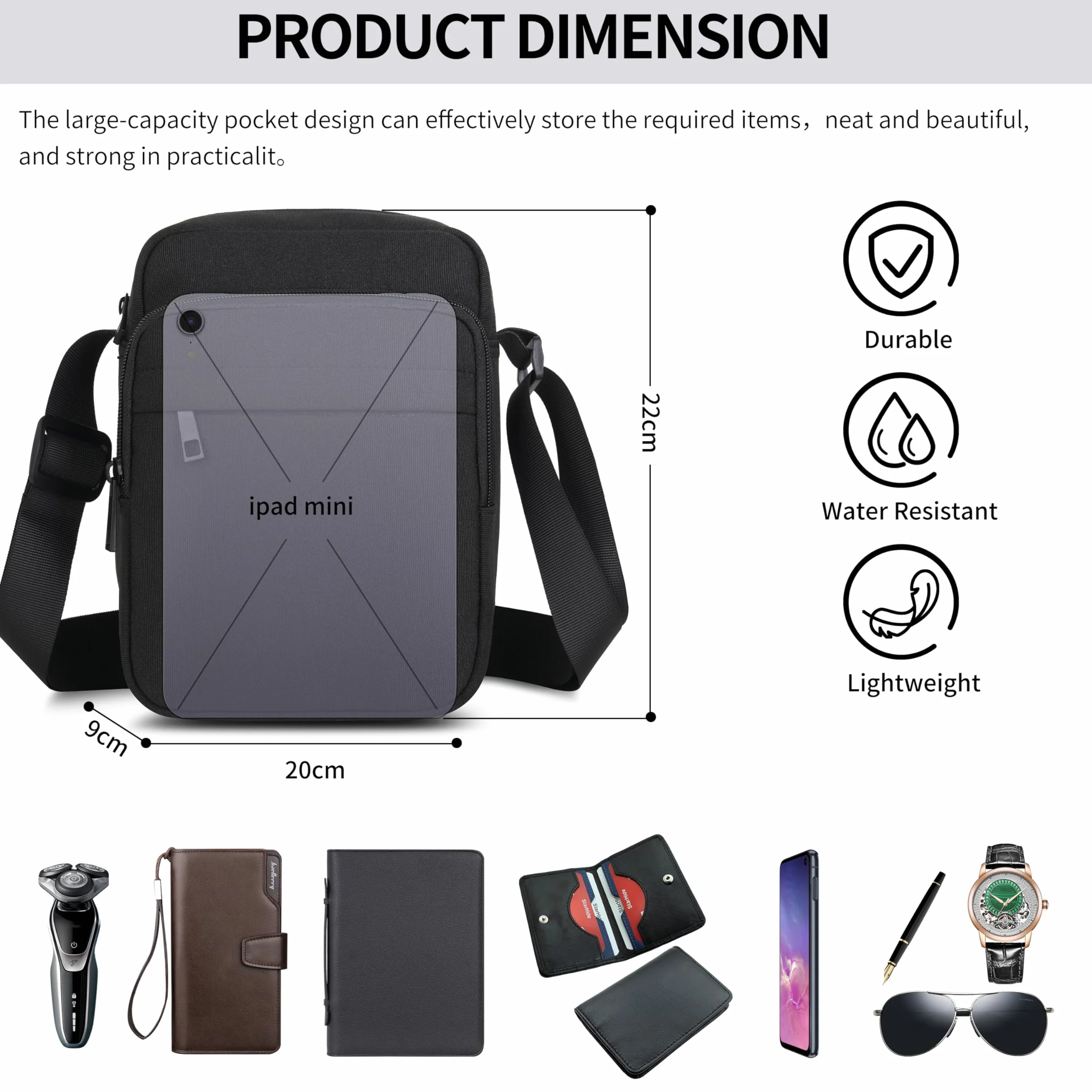 Męska torba na ramię, wodoodporna torba crossbody z zamkiem błyskawicznym i regulowanym paskiem, lekka podróżna torba boczna dla mężczyzn i kobiet, do pracy na świeżym powietrzu, na zakupy, do