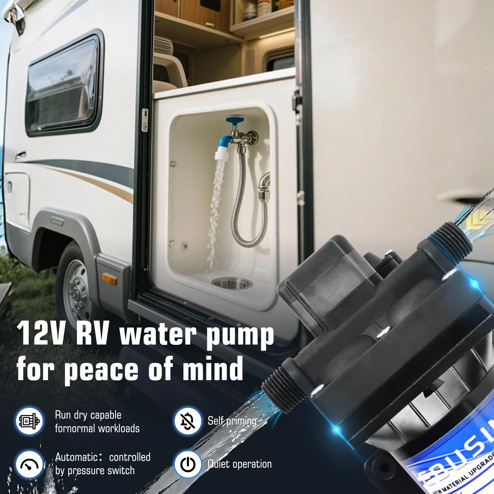4008-101-a65 Pompa Wodna 12V, 3.0 GPM, 45 psi, Samozasysująca do 6 Stóp, Idealna do Kanalizacji Kamperów, Zamiennik 4008-101-A65, 4008-101-e65