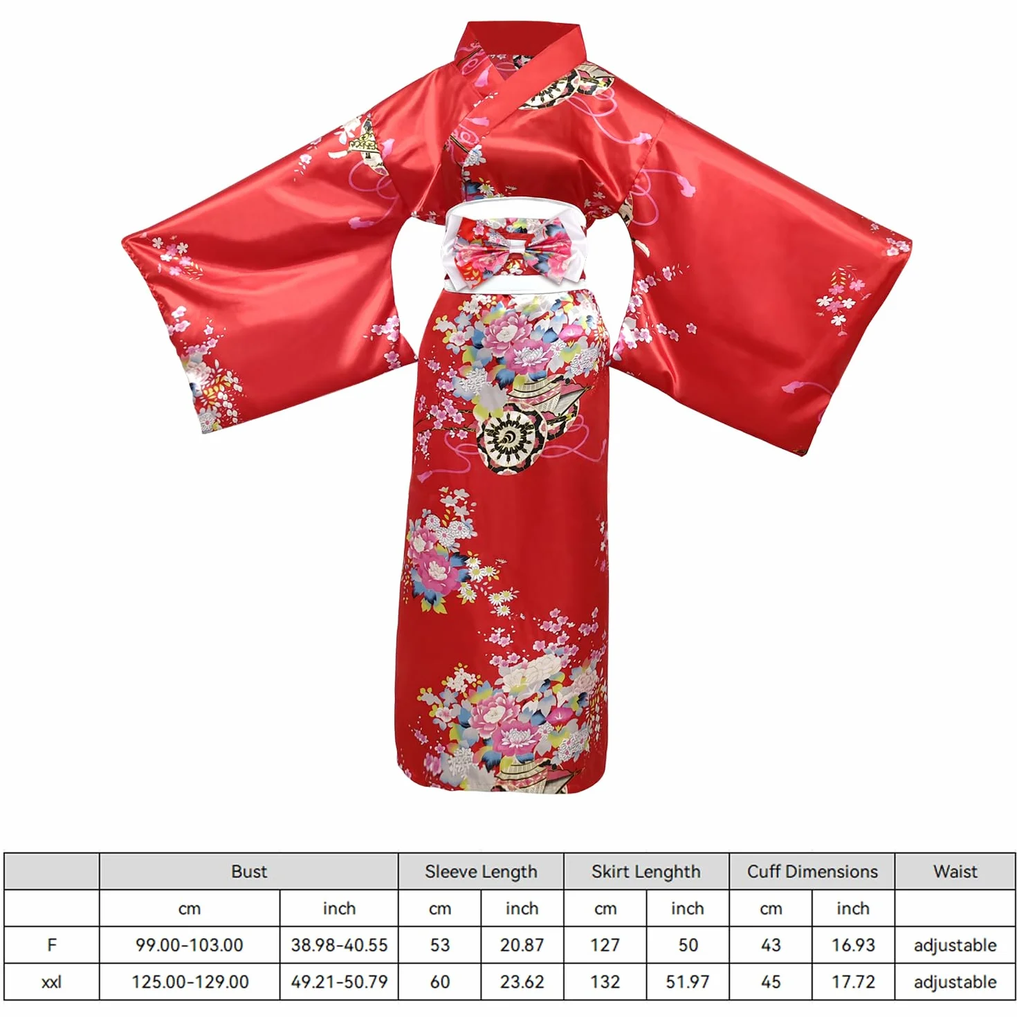 PLULON 5-częściowa japońska sukienka gejsza yukata, kwiatowy satynowy szlafrok kąpielowy ze sznurkiem, wachlarz, szpilka do włosów, zestaw skarpet Tabi dla kobiet