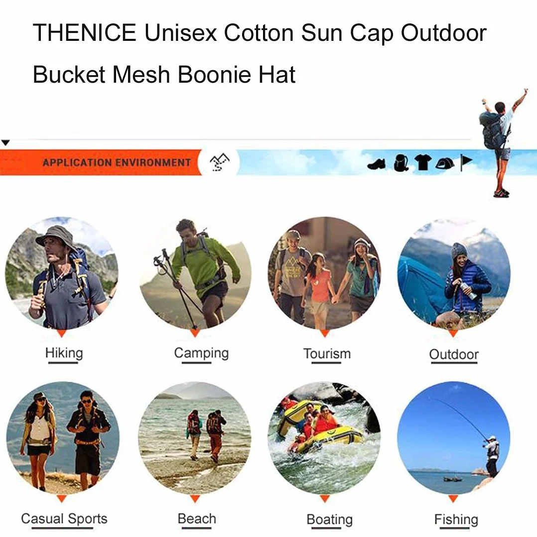 THENICE Unisex Bawełniany kapelusz przeciwsłoneczny Outdoor Bucket Mesh Boonie Hat