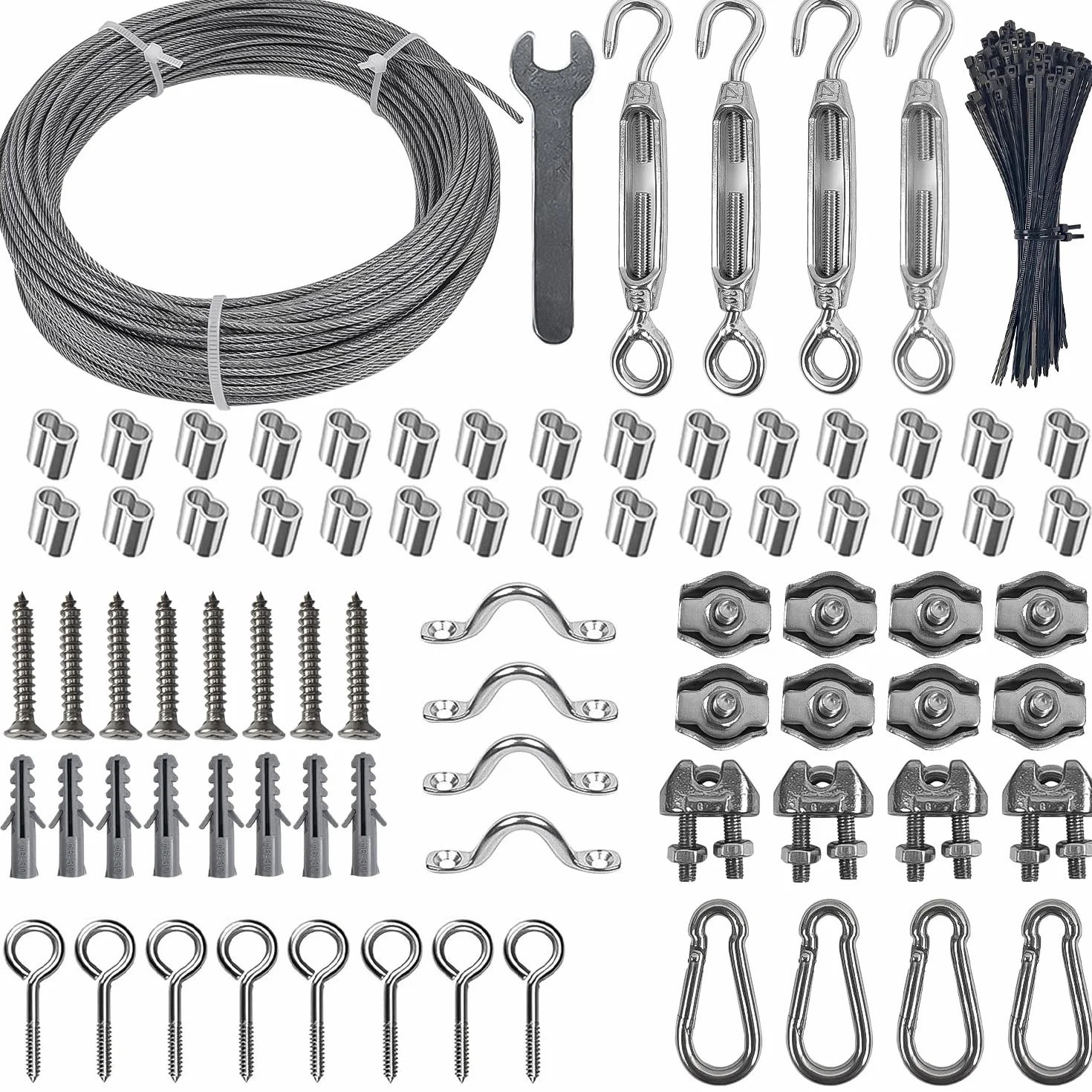 172 szt. Zestaw napinaczy linek ze stali nierdzewnej, 30 m Φ2 mm powlekany PVC kabel ze stali nierdzewnej, napinacz M4 i haczyk, zacisk do kabli metalowych, do zewnętrznego drutu do prania
