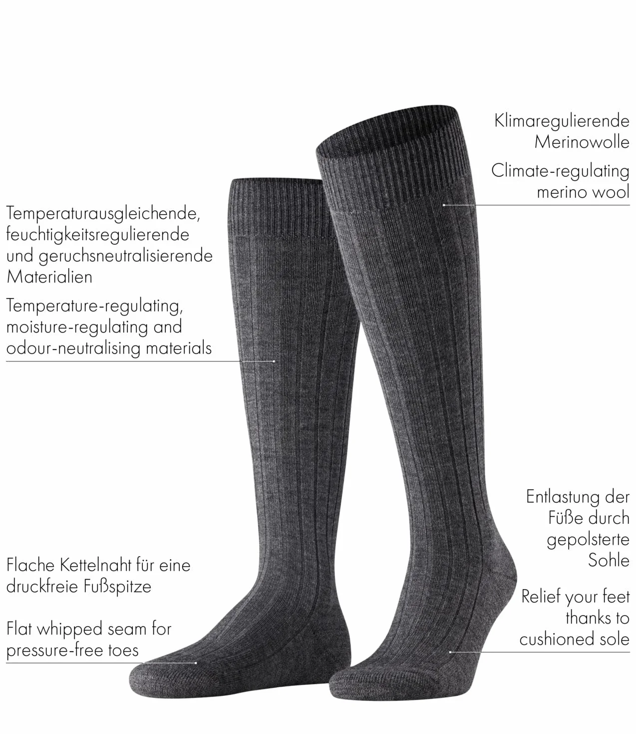 FALKE Mężczyźni Podkolanówki Teppich Im Schuh M Kh Wełna długie jednokolorowe 1 Para, Szary Anthracite Melange 3080, 43-44