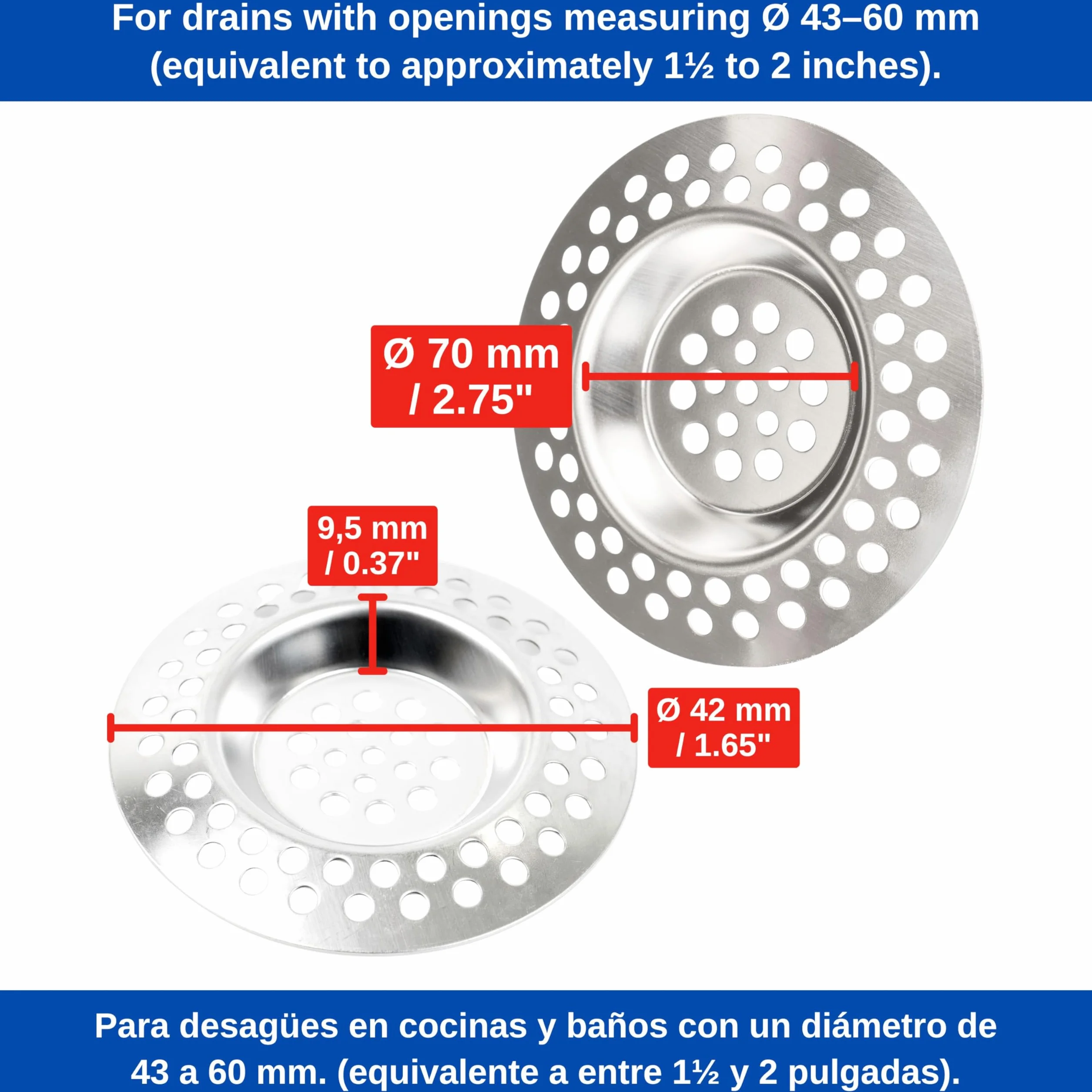 Sitko odpływowe ze stali nierdzewnej Ø70 42x9,5 mm 3 sztuki