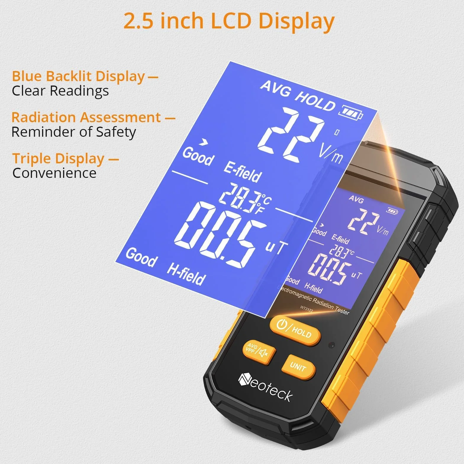 Neoteck Miernik EMF 3 w 1 Akumulator elektromagnetyczny detektor promieniowania z ekranem LCD Licznik promieniowania alarmu akustycznego pola elektrycznego do kuchni, biura, fabryki