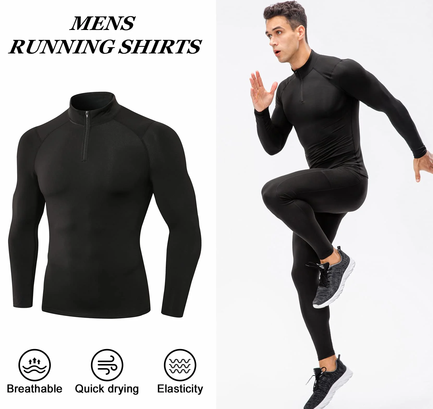 SEAUR Męska koszulka kompresyjna z długim rękawem, zamek błyskawiczny 1/4, koszulka sportowa, krój slim fit, ciepła koszulka funkcyjna, oddychająca koszulka z długim rękawem, do fitnessu, uprawiania sportu, biegania, jazdy na rowerze, S, M, L, XL, XXL