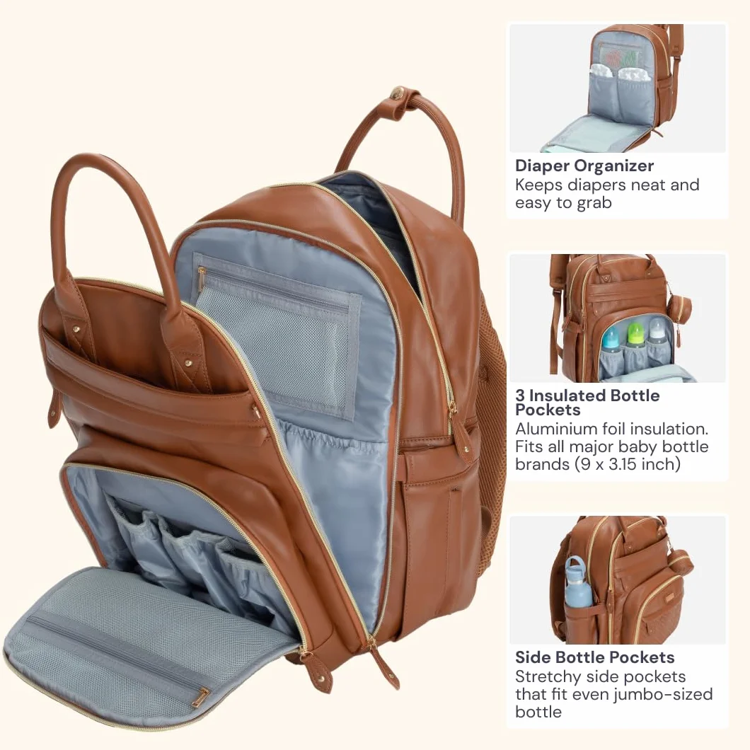BabbleRoo Leather Diaper Bag Backpack - Baby Essentials Travel Baby Bag, Multi function, Waterproof, with Changing Pad, Stroller Straps & Pacifier Case – Unisex, Natural Brown