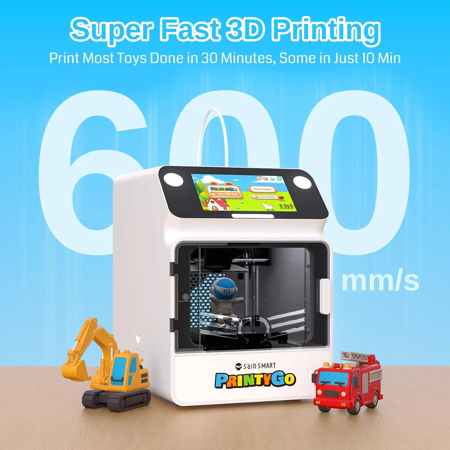 Drukarka 3D PrintyGo Mini dla dzieci, drukarka z automatycznym poziomowaniem 600 mm/s dla początkujących, bezpieczna dla dzieci konstrukcja, sterowanie przez Wi-Fi/aplikację, prezent do nauki STEM