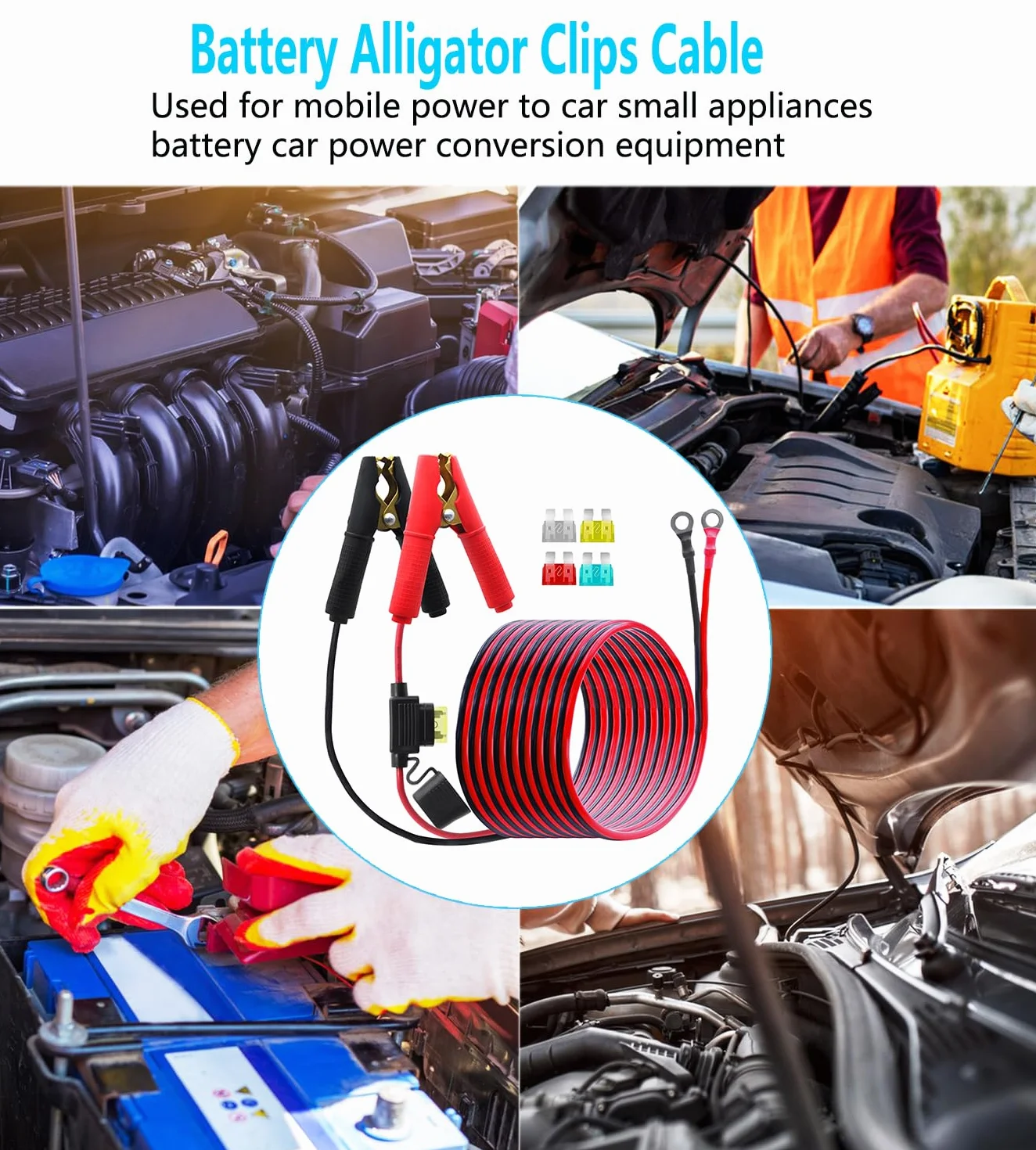 Alligator Clip to O-Ring Terminal kabel z bezpiecznikiem 20 A, 14 AWG 12 V-24 V O Ring Terminal na akumulatorze, zaciski krokodylkowe, kabel do akumulatora samochodowego, falownika (3 m)