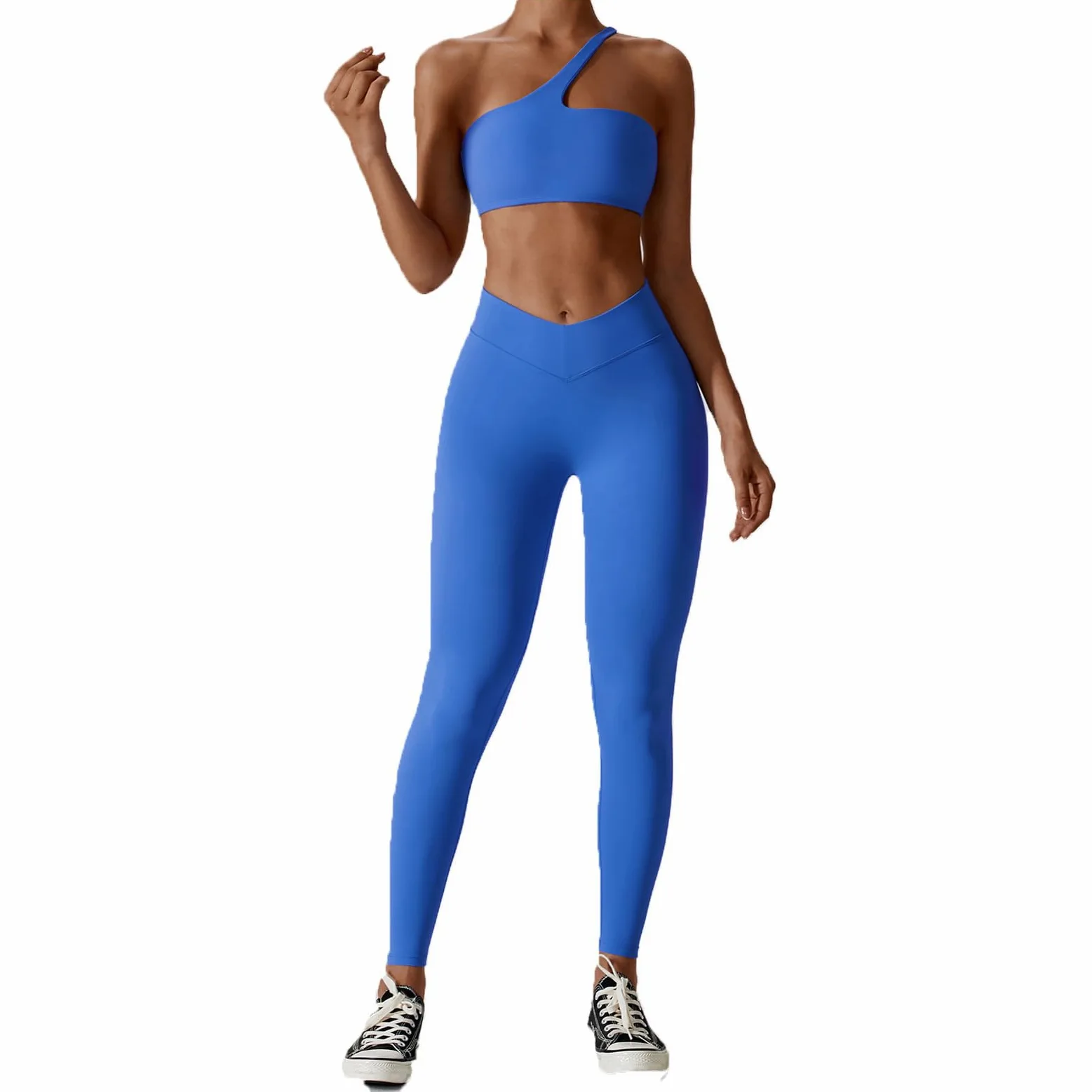 Damski zielony 2-częściowy seksowny zestaw do jogi - krótki podkoszulek bodycon legginsy kombinezon na siłownię i fitness, NIEBIESKI, S
